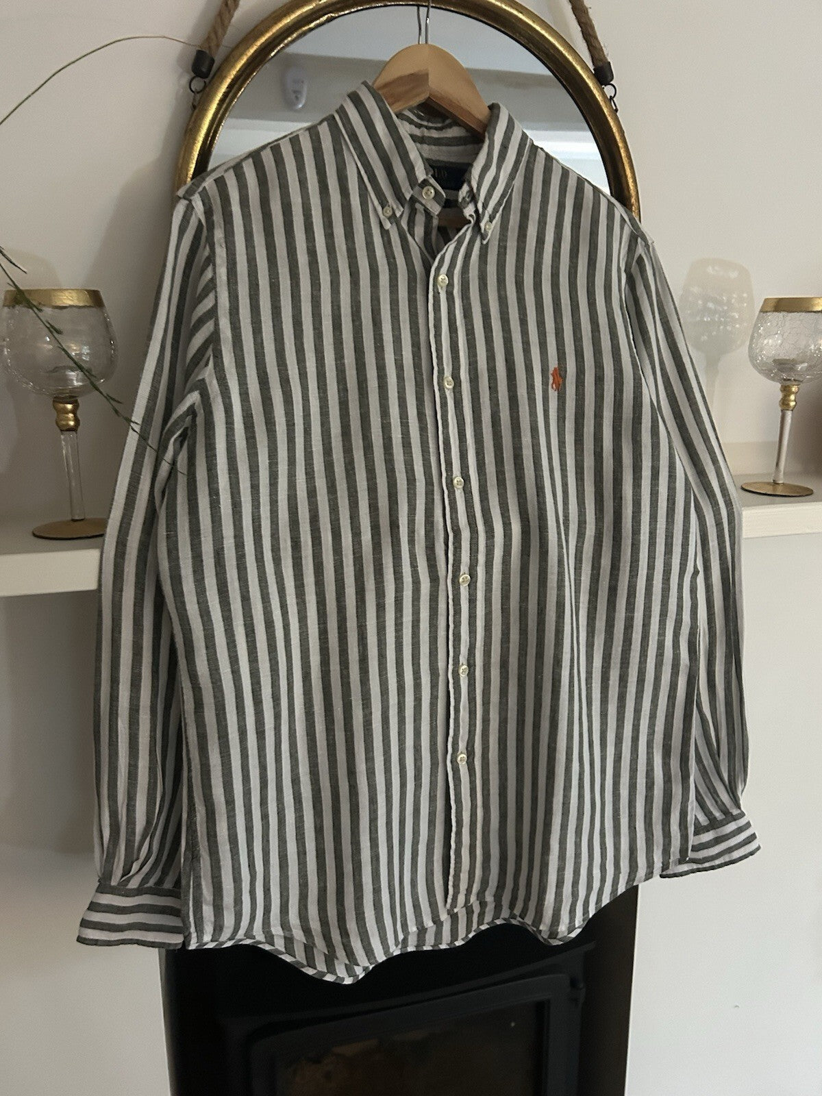 Ralph Lauren 100% Linen Black And White Striped Long-Sleeved Shirt, Size M