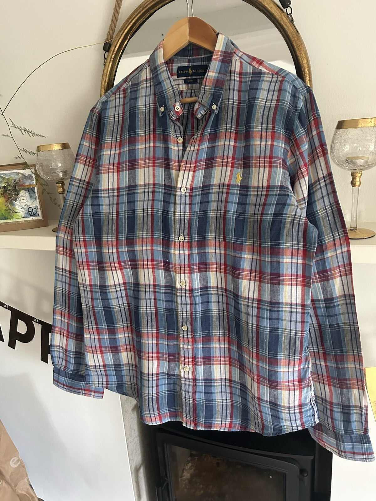 Ralph Lauren 100% Linen Blue And Red Check Long-Sleeved Shirt, Size L- Slim Fit