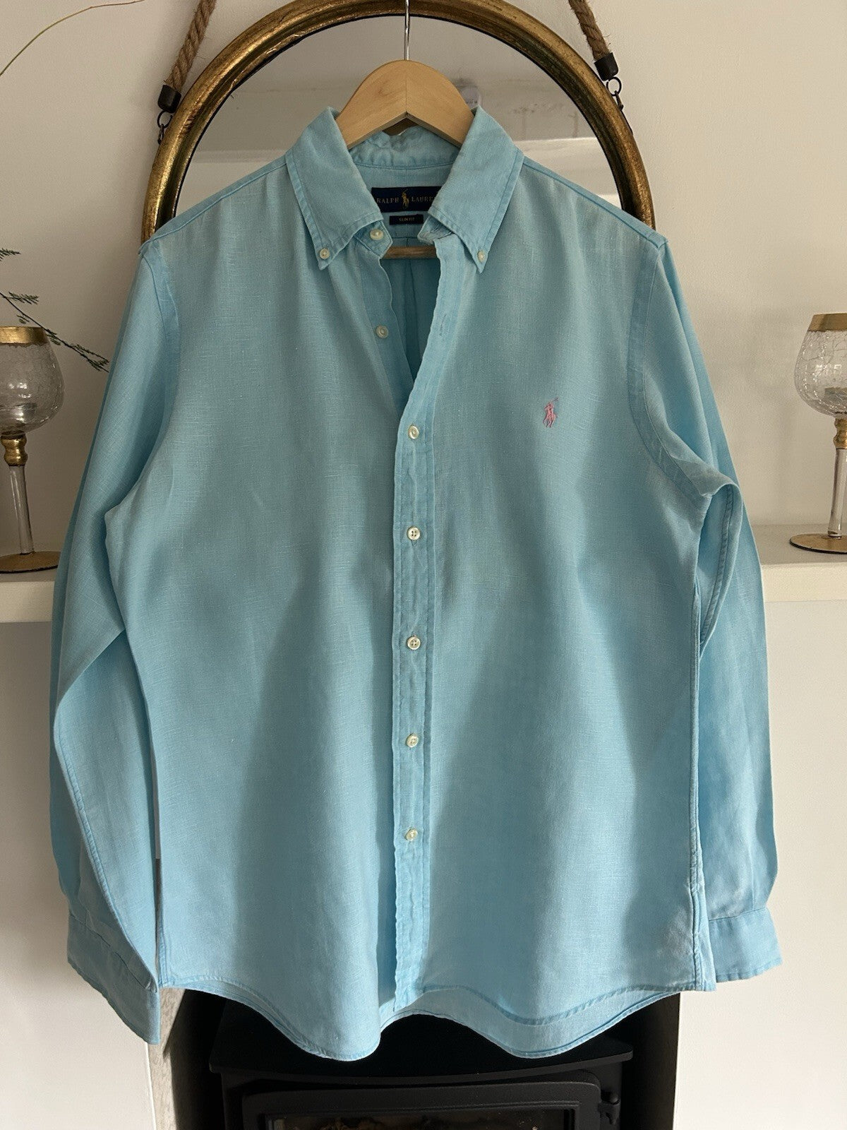 Ralph Lauren 100% Linen Light Blue Long-Sleeved Shirt, Size M - Slim Fit
