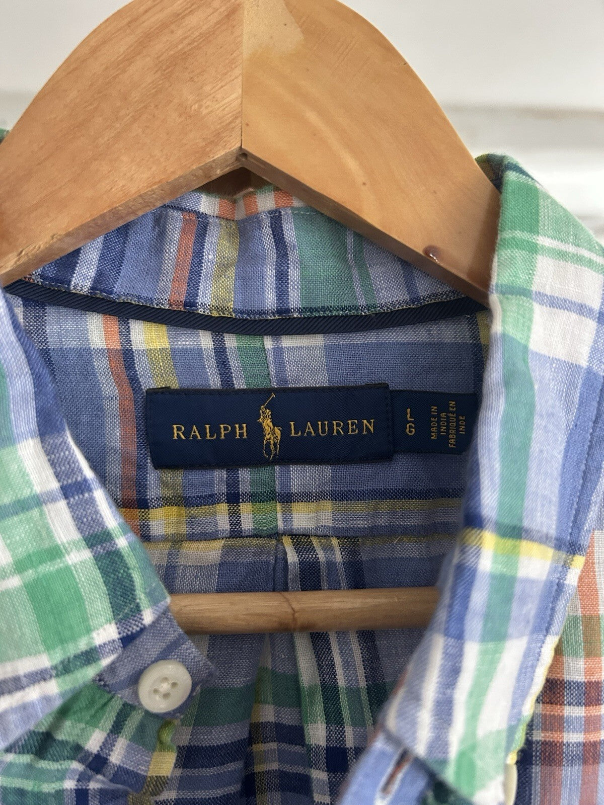 Ralph Lauren 100% Linen Blue Check Enclosed Pocket Long-Sleeved Shirt, Size L