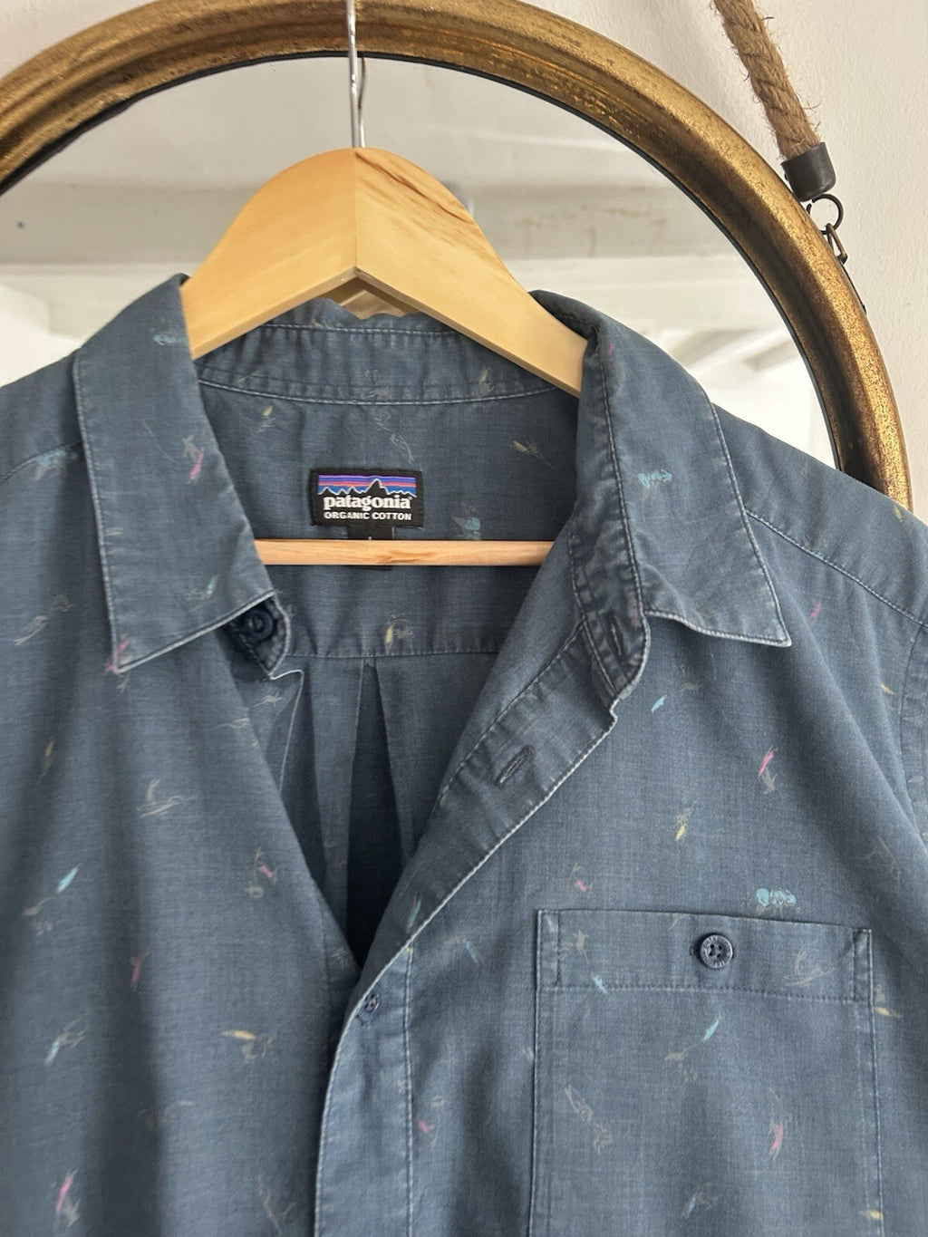 Patagonia Organic Cotton Fly Fishing Print Short Sleeve Shirt Blue Men’s Large