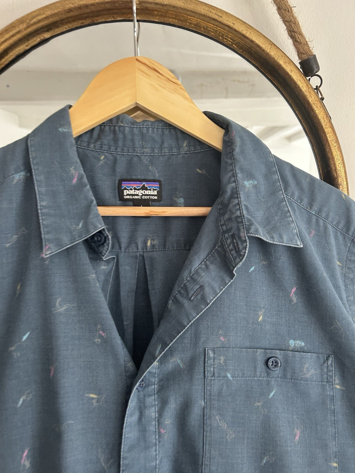 Patagonia Organic Cotton Fly Fishing Print Short Sleeve Shirt Blue Men’s Large