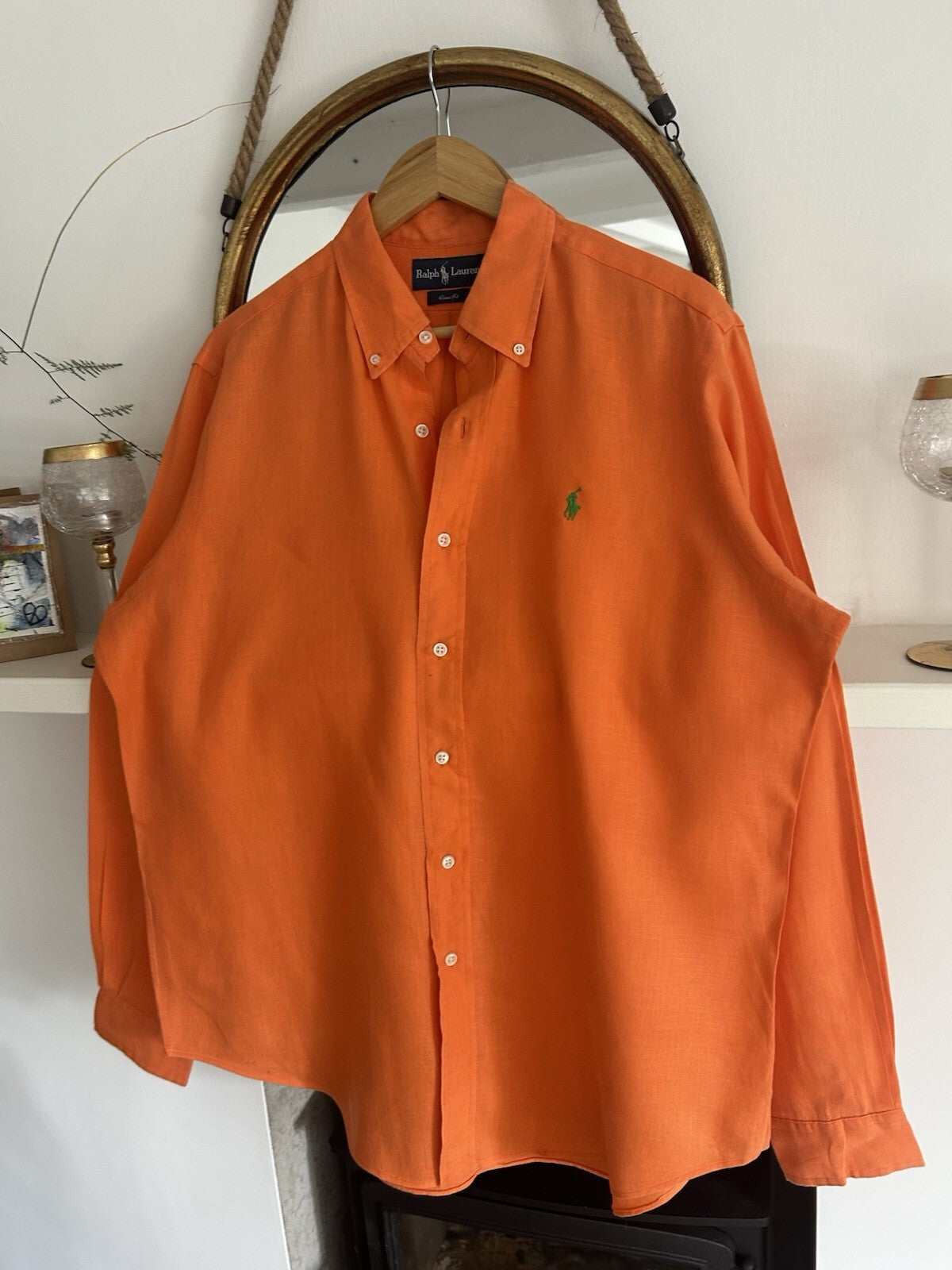 Ralph Lauren 100% Linen Solid Orange Long-Sleeved Shirt, Size L - Classic Fit