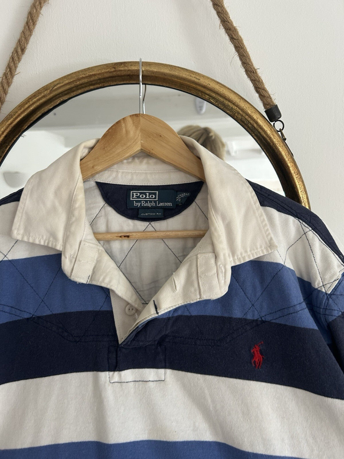 Ralph Lauren Navy Blue And White Striped Rugby Shirt, Size XL