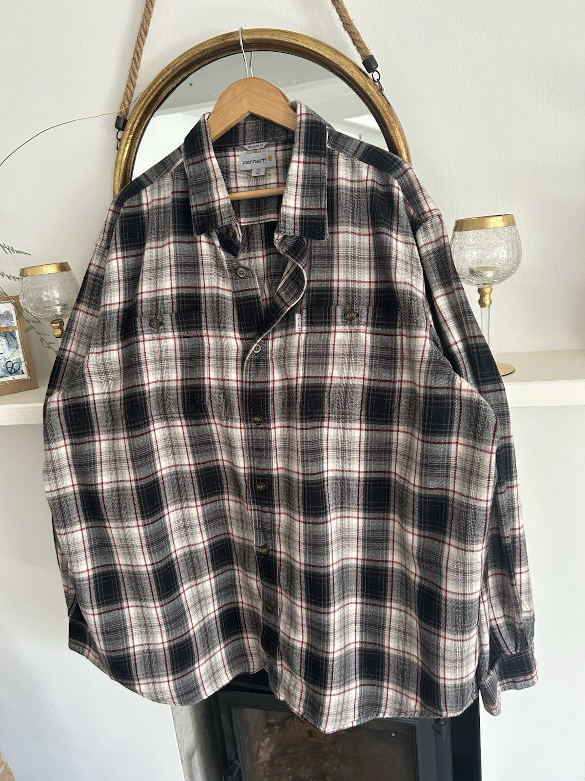Carhartt Grey And White Check Long-Sleeved Heavyweight Shirt, Size XXL