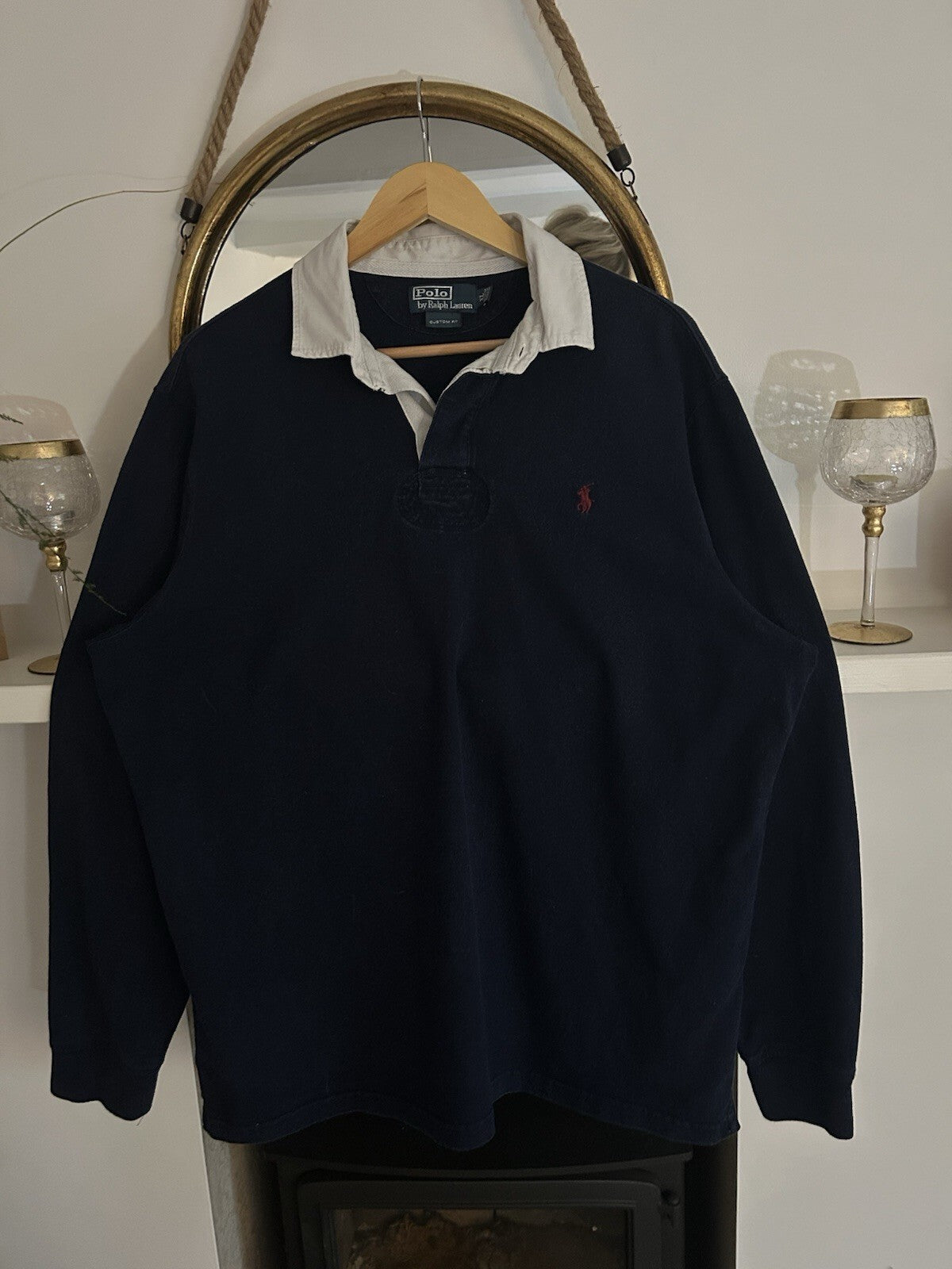 Ralph Lauren Solid Navy, Burgundy Embroidered Rugby Shirt, Size XL