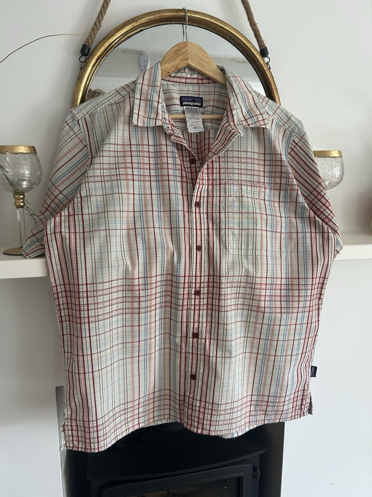 Patagonia Puckerware Shirt Mens L Plaid Seersucker Short Sleeve Organic Cotton