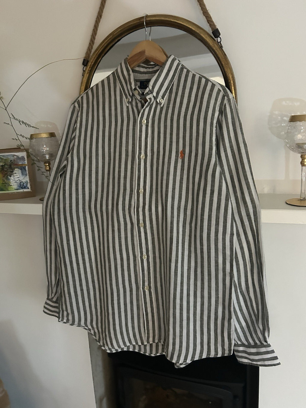 Ralph Lauren 100% Linen Black And White Striped Long-Sleeved Shirt, Size M