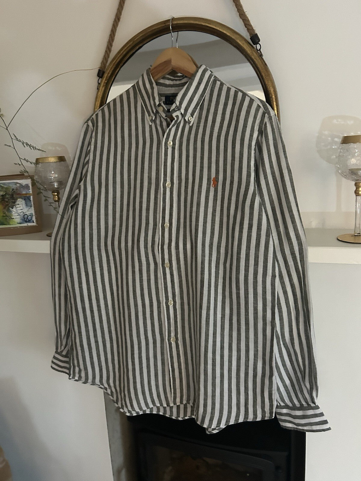 Ralph Lauren 100% Linen Black And White Striped Long-Sleeved Shirt, Size M