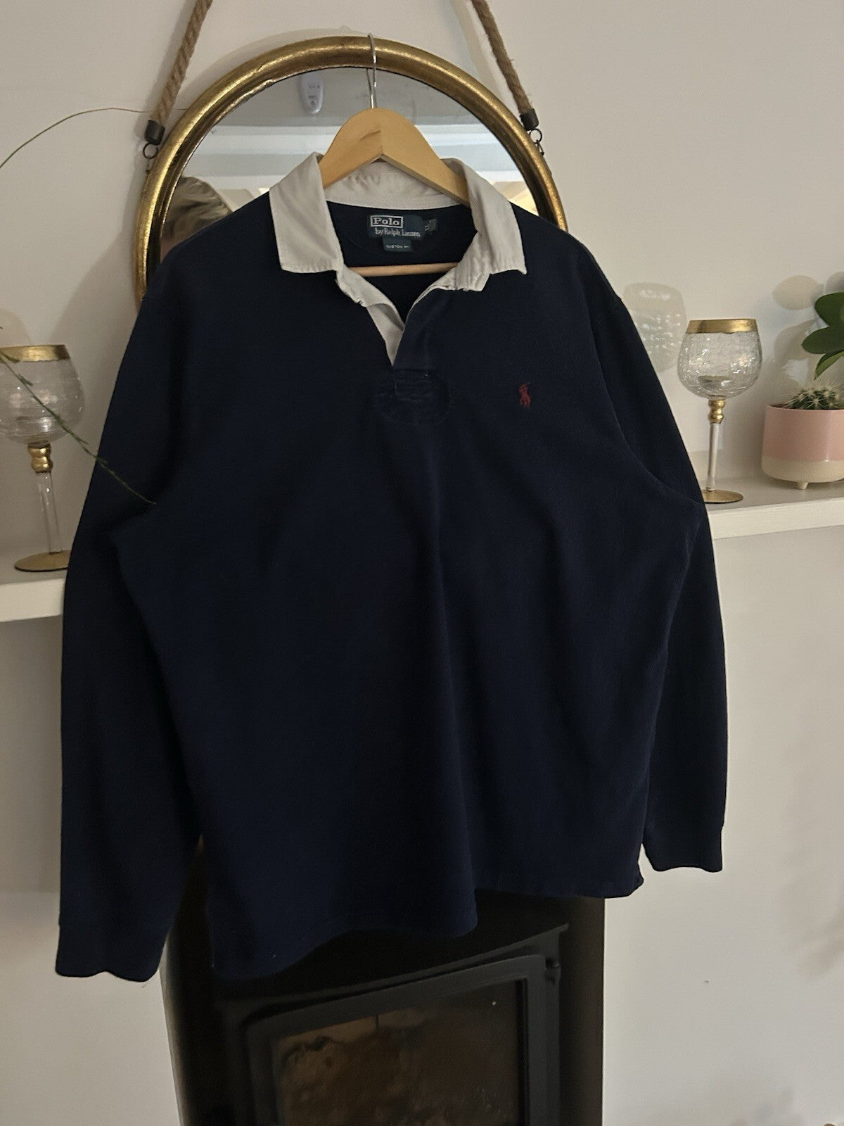 Ralph Lauren Solid Navy, Burgundy Embroidered Rugby Shirt, Size XL