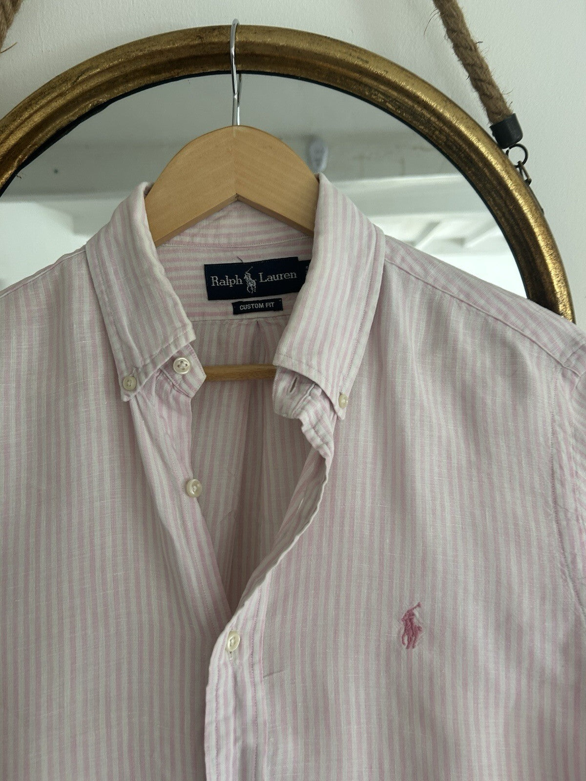 Ralph Lauren 100% Linen Pink And White Striped Long-Sleeved Shirt, Size M