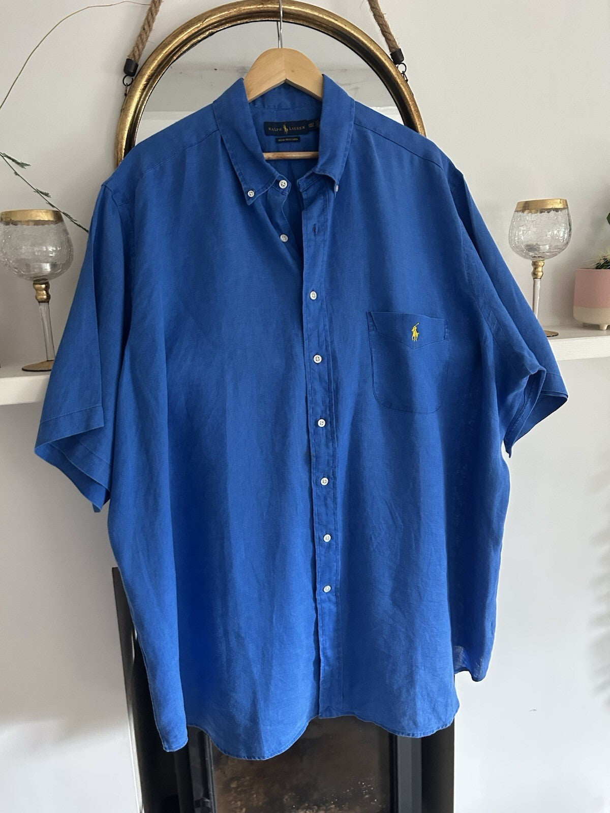 Ralph Lauren 100% Linen Solid Blue Short-Sleeved Shirt, Size 2XL Tall