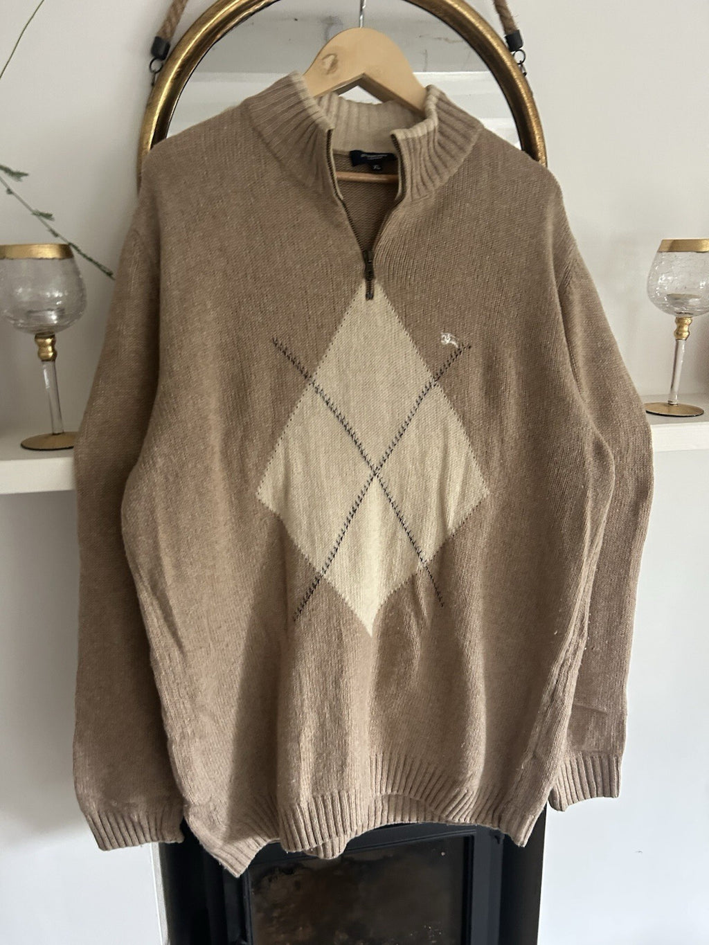 Burberry London Mens XL Beige Wool Argyle Quarter Zip Jumper Made in Italy