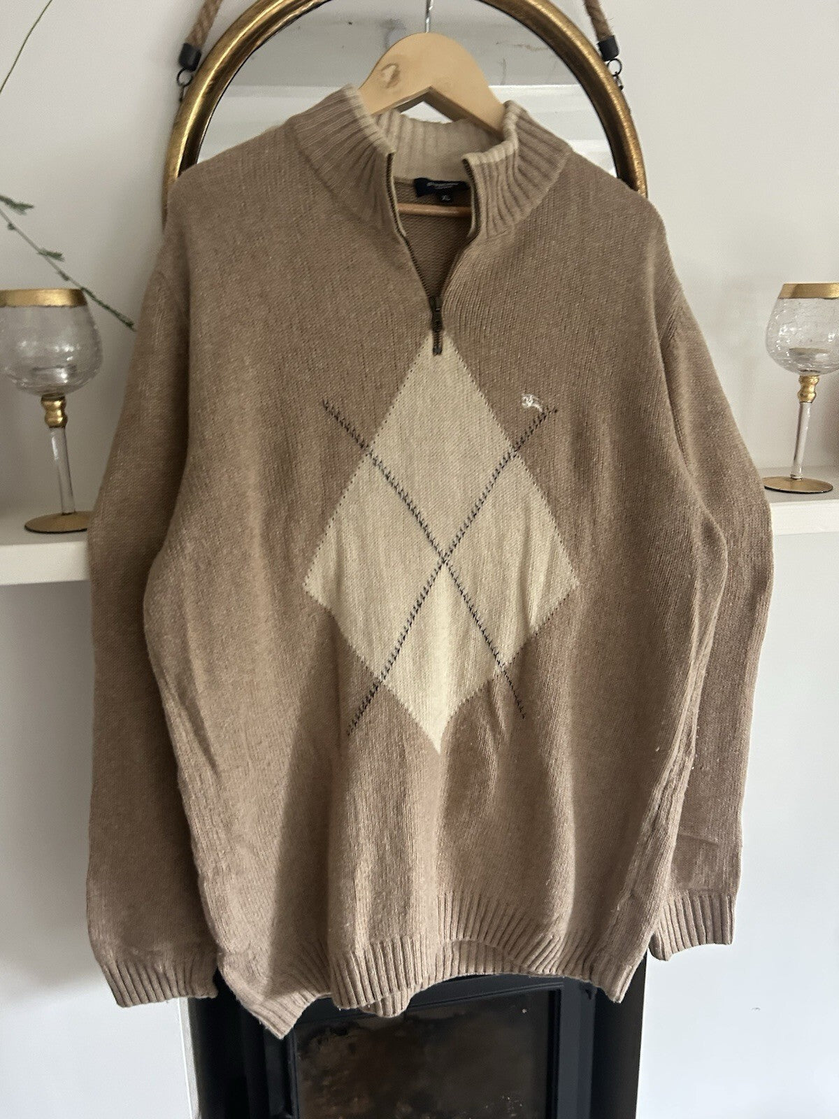 Burberry London Mens XL Beige Wool Argyle Quarter Zip Jumper Made in Italy