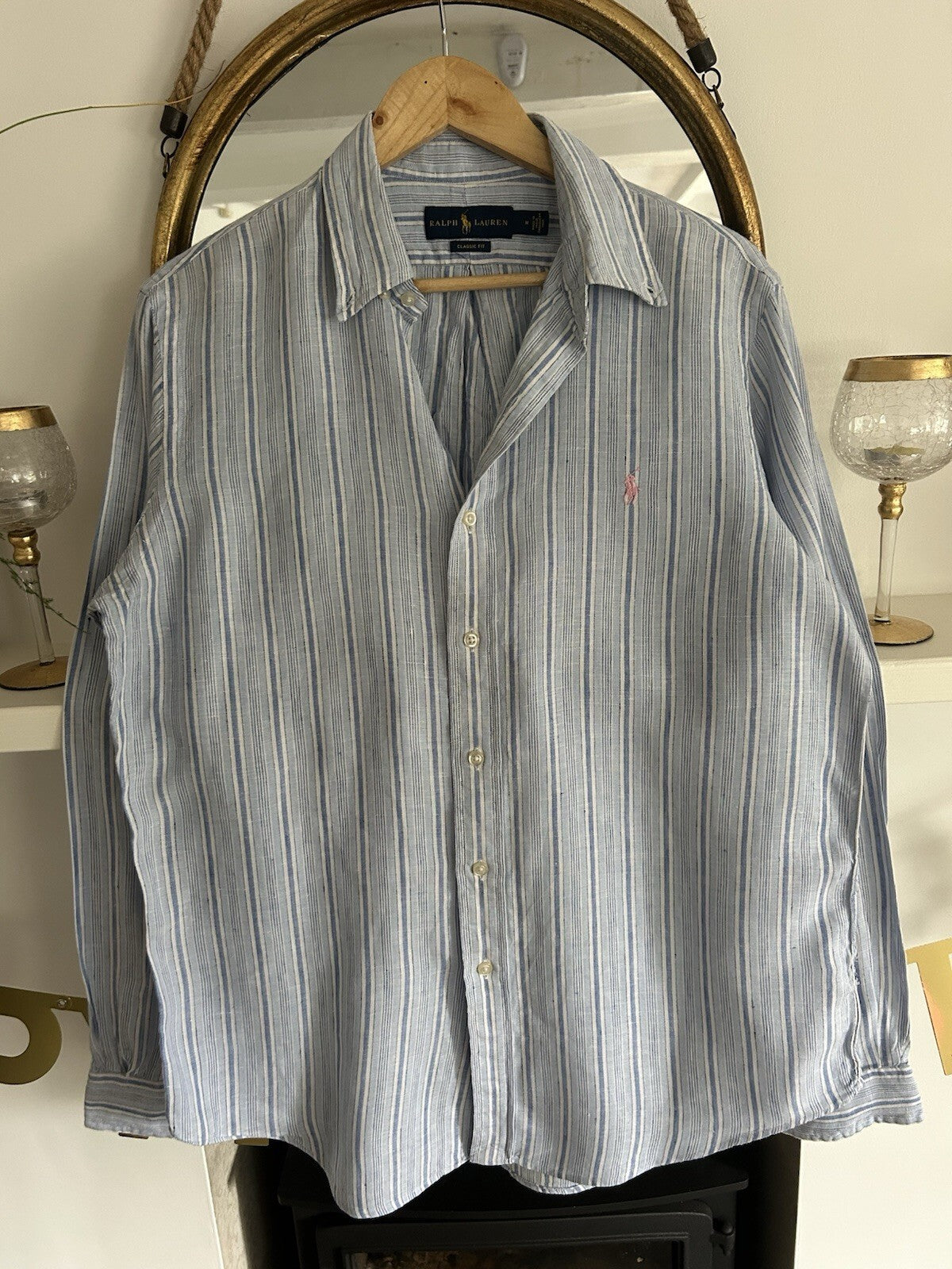 Ralph Lauren 100% Linen Blue And White Striped Long-Sleeved Shirt, Size M