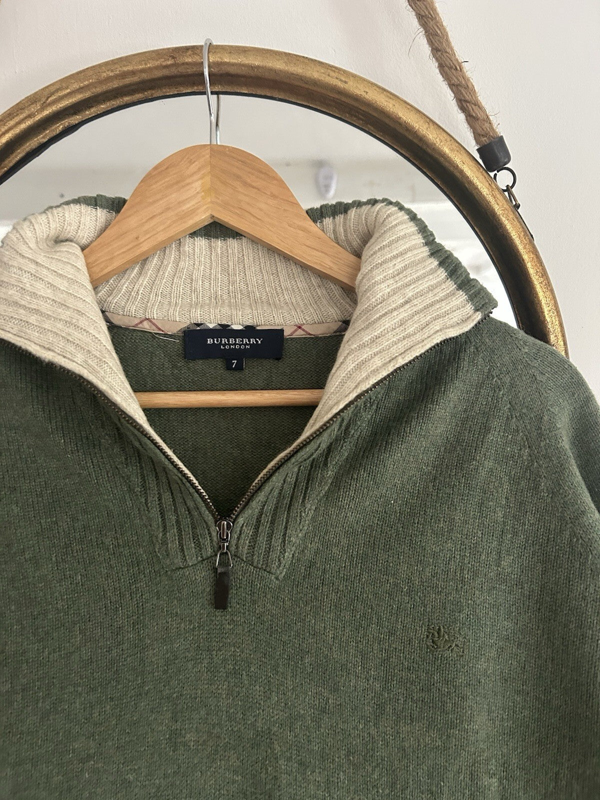 Burberry London Green 100% Lambswool Quarter Zip Jumper Nova Check Size 7 (XL)
