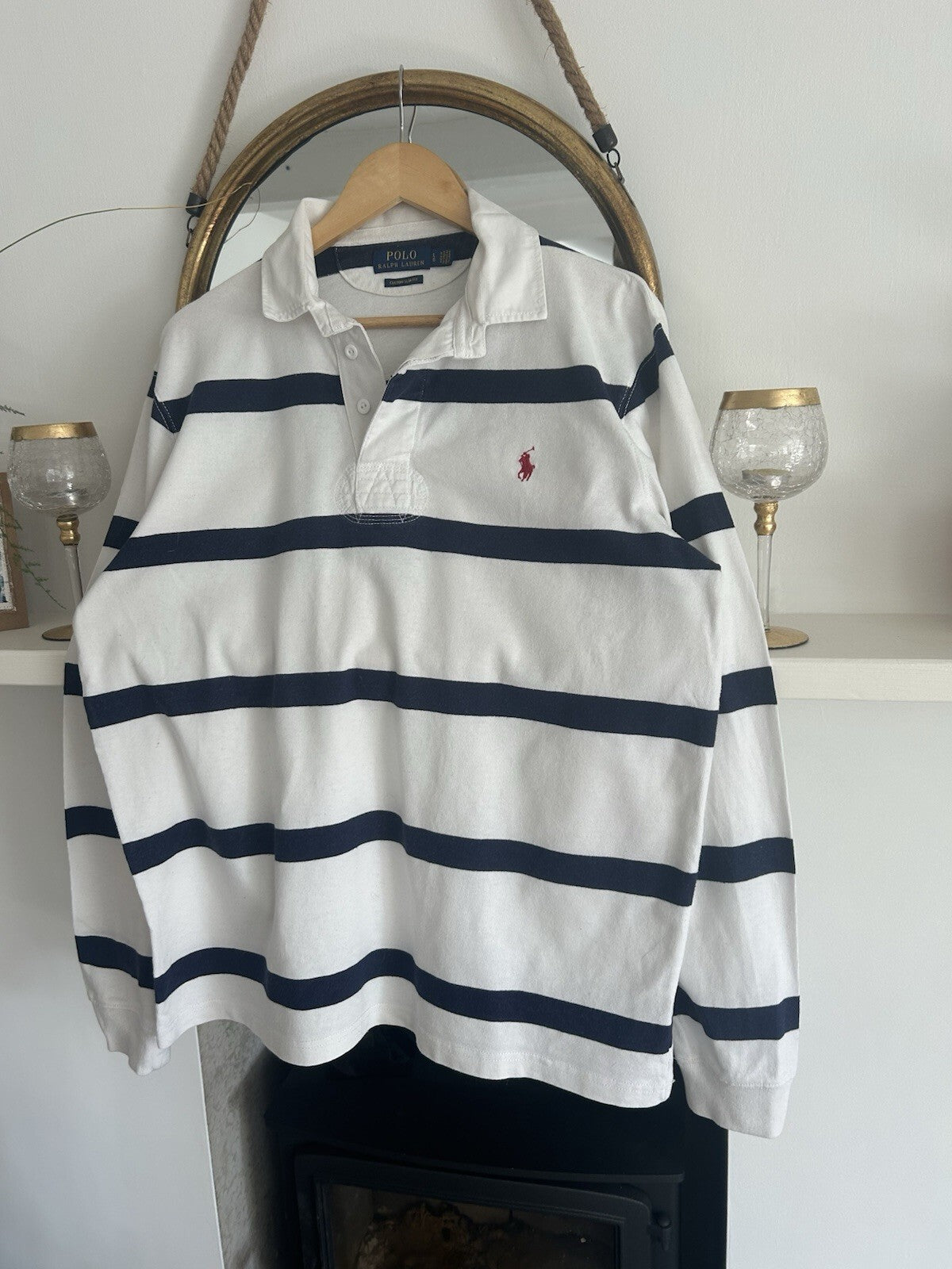Ralph Lauren Navy And White Striped Rugby Shirt, Size L - Slim Fit