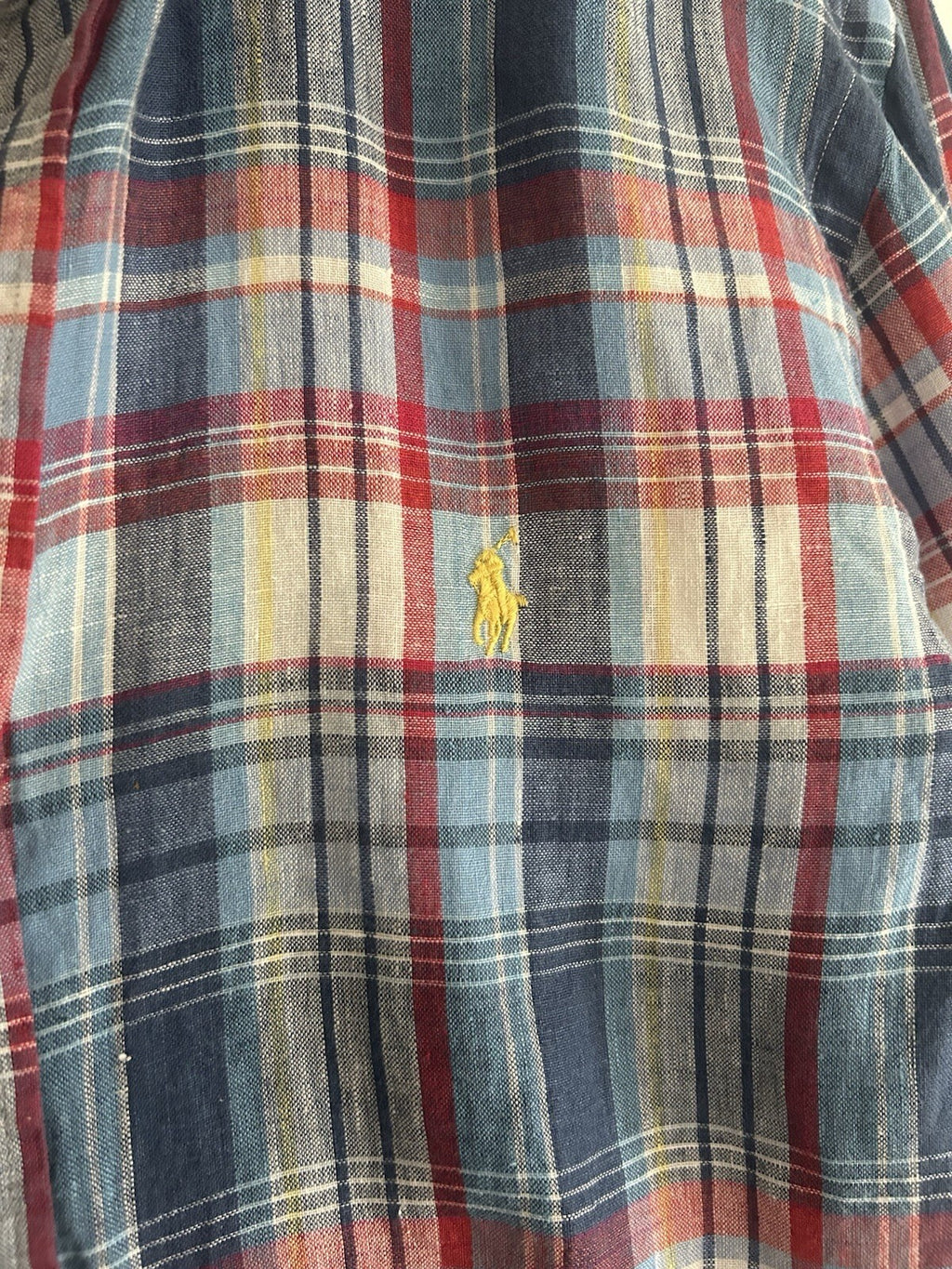 Ralph Lauren 100% Linen Blue And Red Check Long-Sleeved Shirt, Size L- Slim Fit