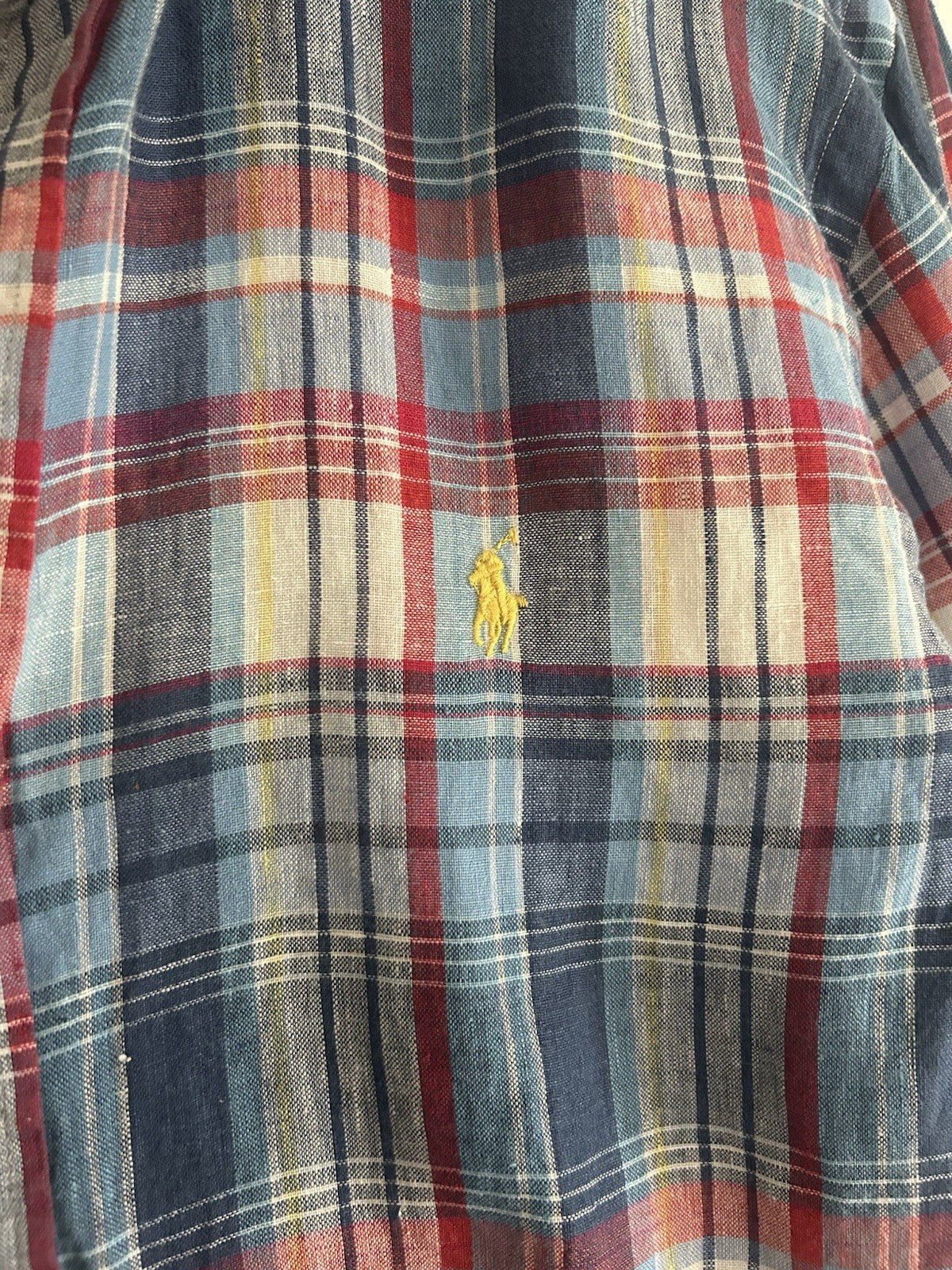 Ralph Lauren 100% Linen Blue And Red Check Long-Sleeved Shirt, Size L- Slim Fit