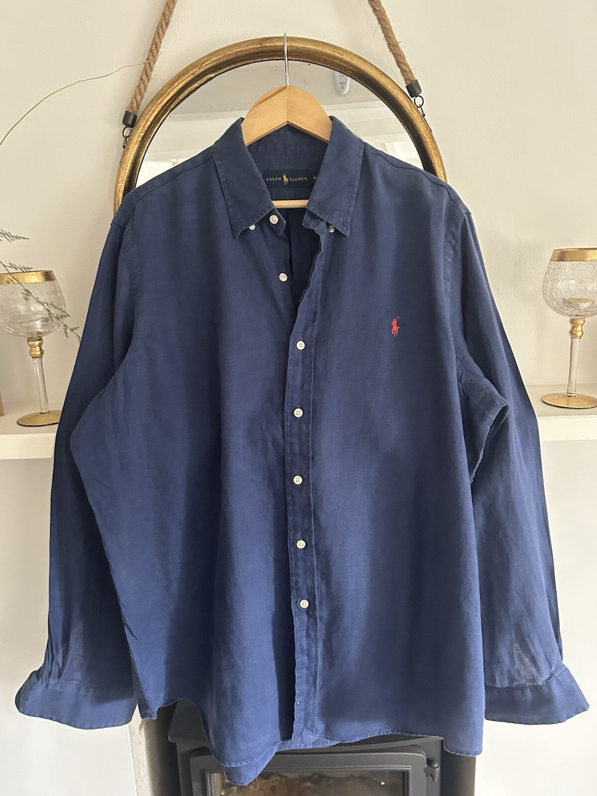 Ralph Lauren 100% Linen Navy Long-Sleeved Shirt, Size XL