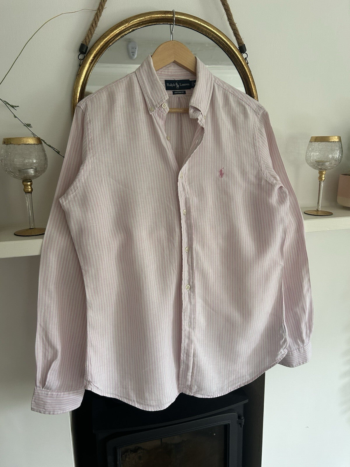 Ralph Lauren 100% Linen Pink And White Striped Long-Sleeved Shirt, Size M