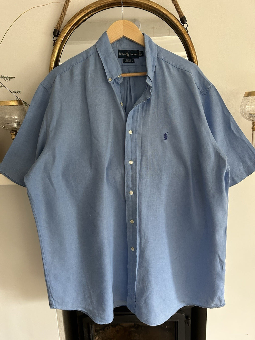 Ralph Lauren 100% Linen Light Blue Short-Sleeved Shirt, Size L - Blake Fit