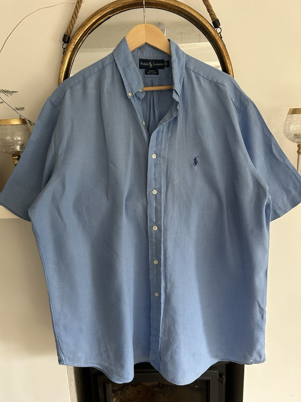 Ralph Lauren 100% Linen Light Blue Short-Sleeved Shirt, Size L - Blake Fit