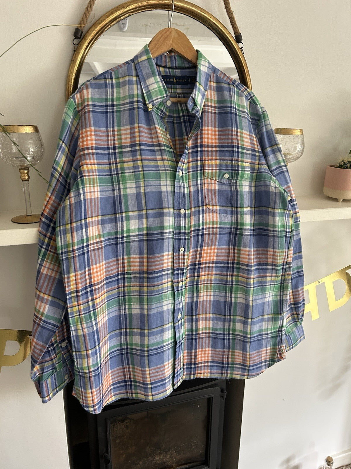 Ralph Lauren 100% Linen Blue Check Enclosed Pocket Long-Sleeved Shirt, Size L