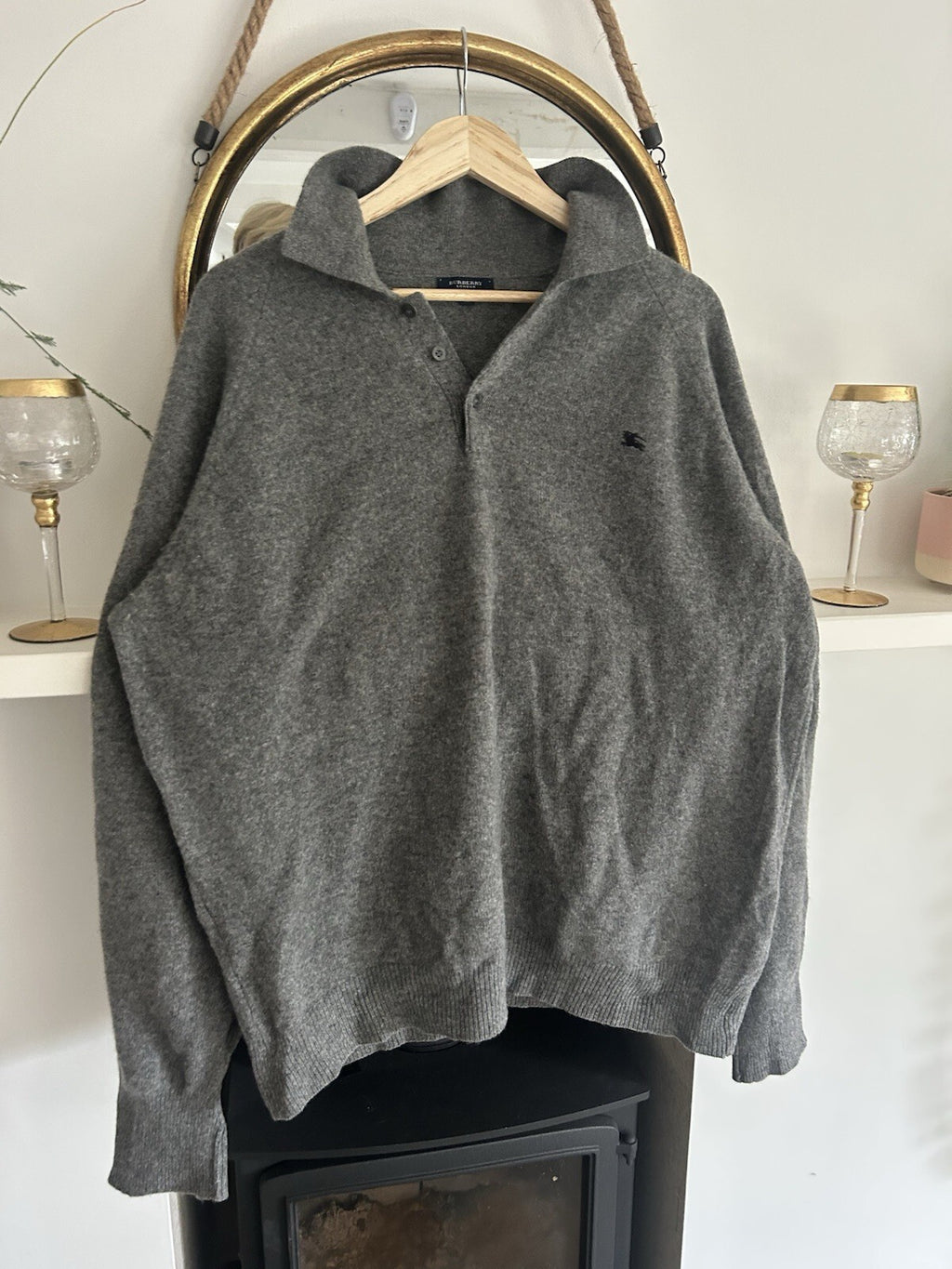 Burberry London Mens XL Grey 100% Lambswool Polo Jumper Made in Italy Equestrian