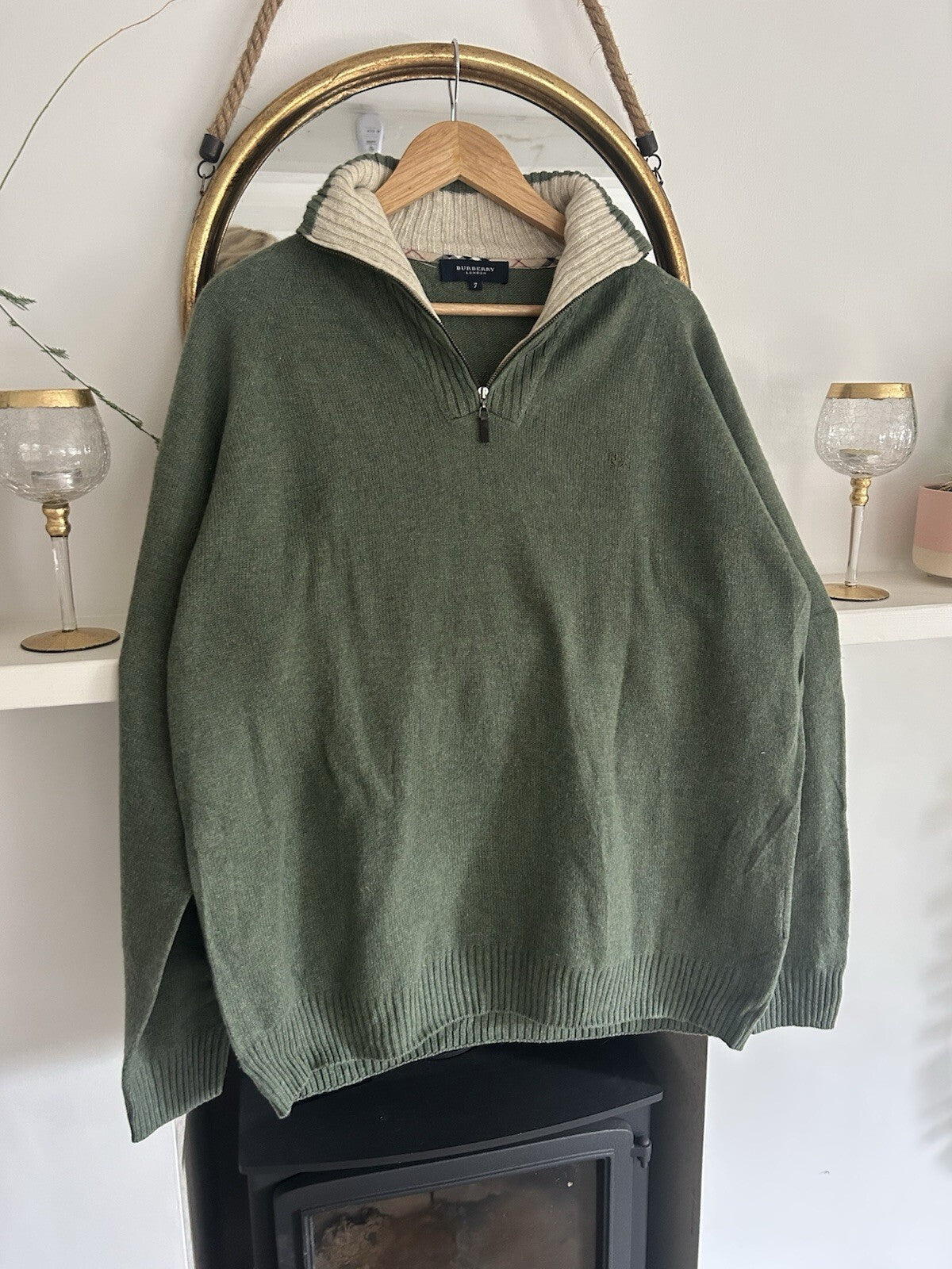 Burberry London Green 100% Lambswool Quarter Zip Jumper Nova Check Size 7 (XL)