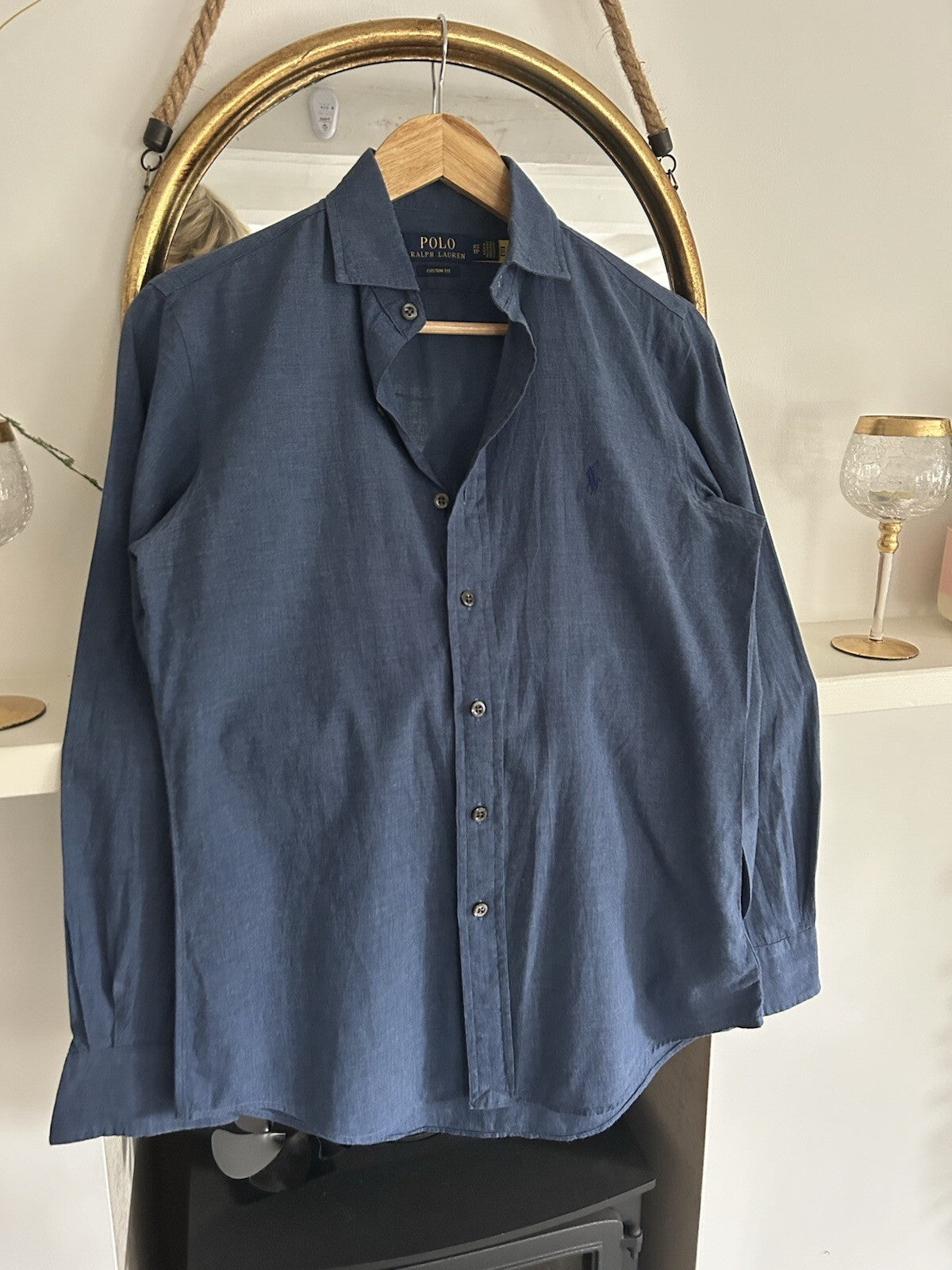 Polo Ralph Lauren Mens XS Blue Heathered Twill Shirt Mother of Pearl Custom Fit