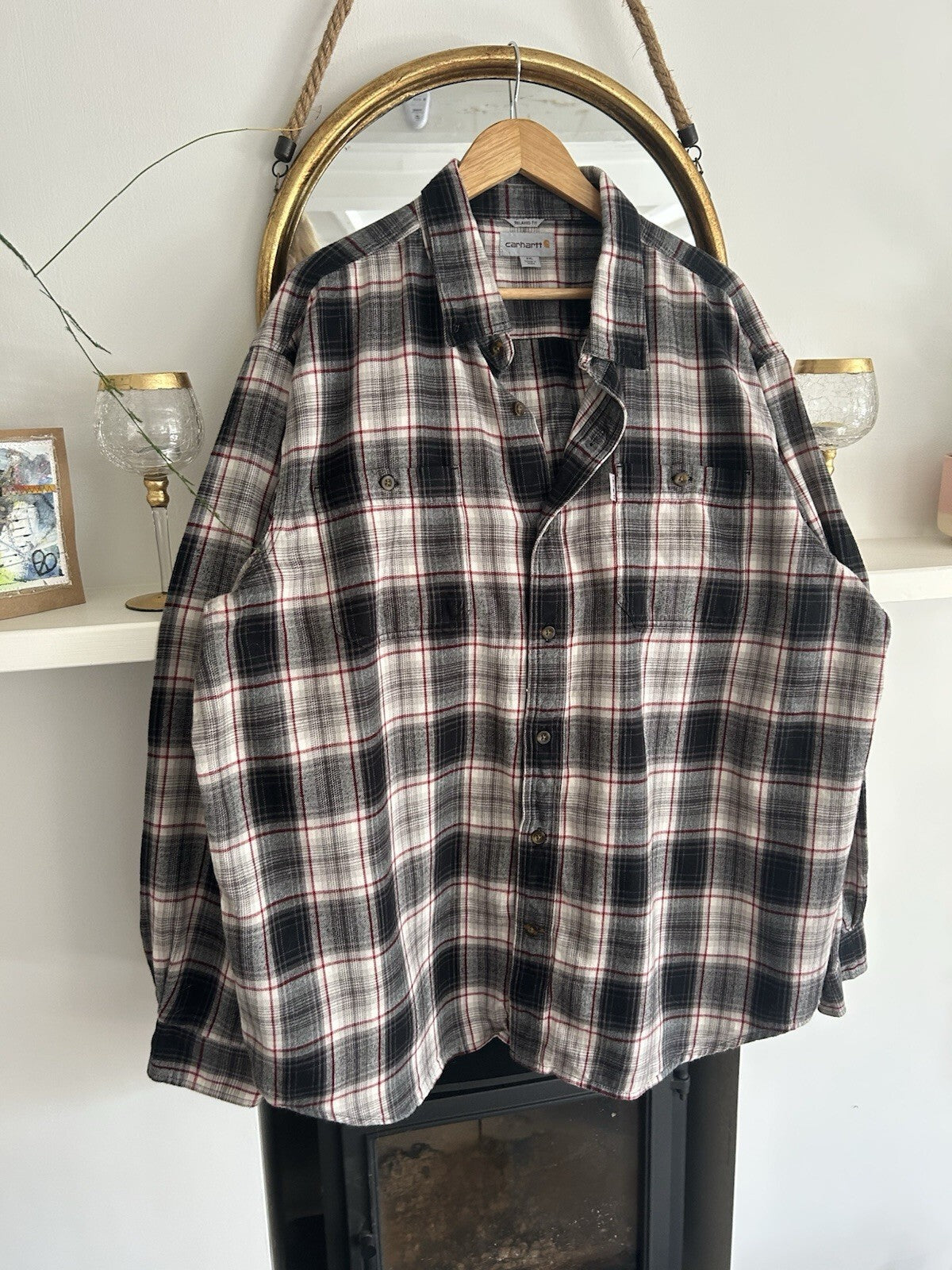 Carhartt Grey And White Check Long-Sleeved Heavyweight Shirt, Size XXL