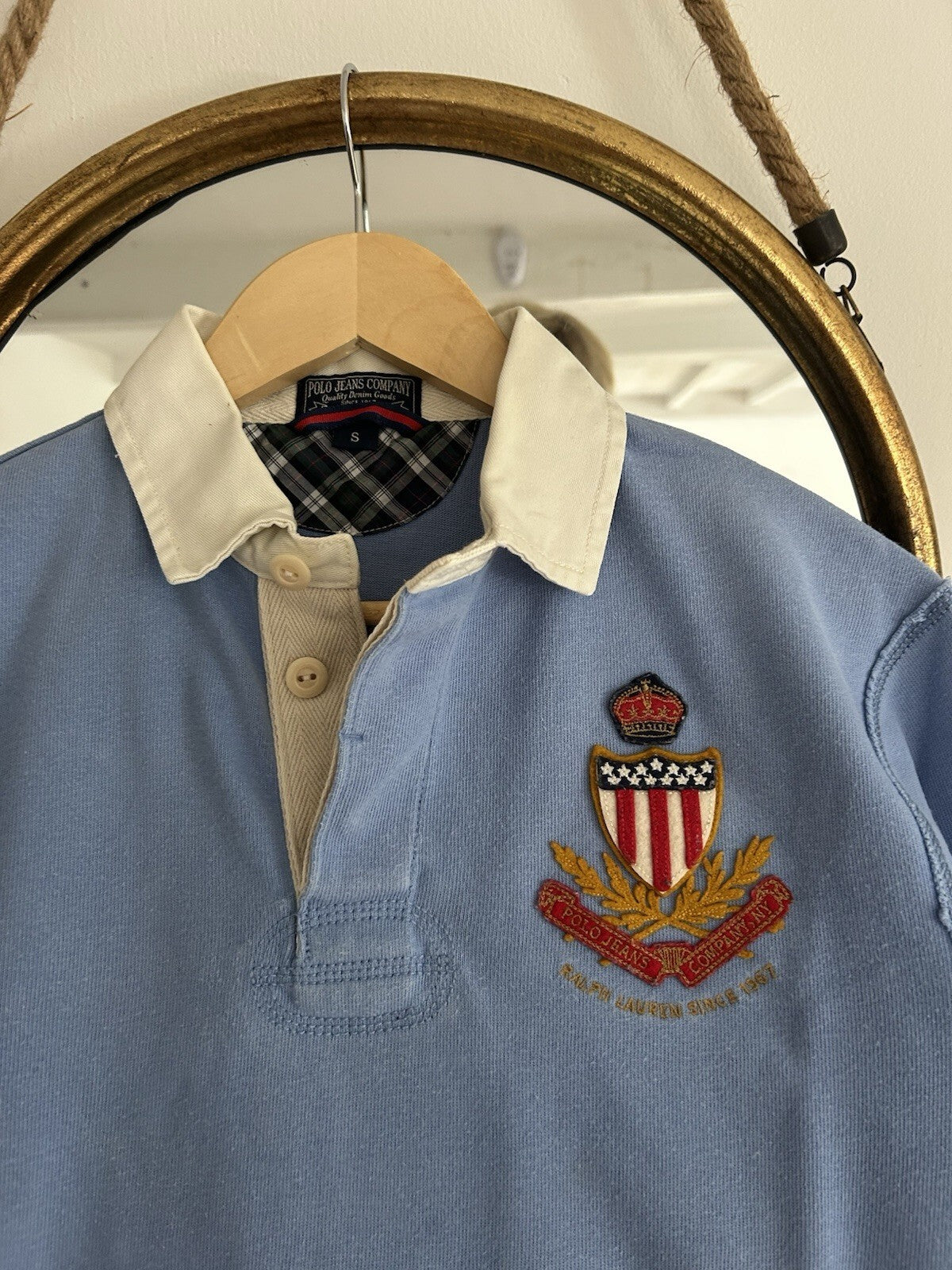 Vintage Polo Ralph Lauren Polo Jeans Rugby Shirt USA Flag Crest Blue Small