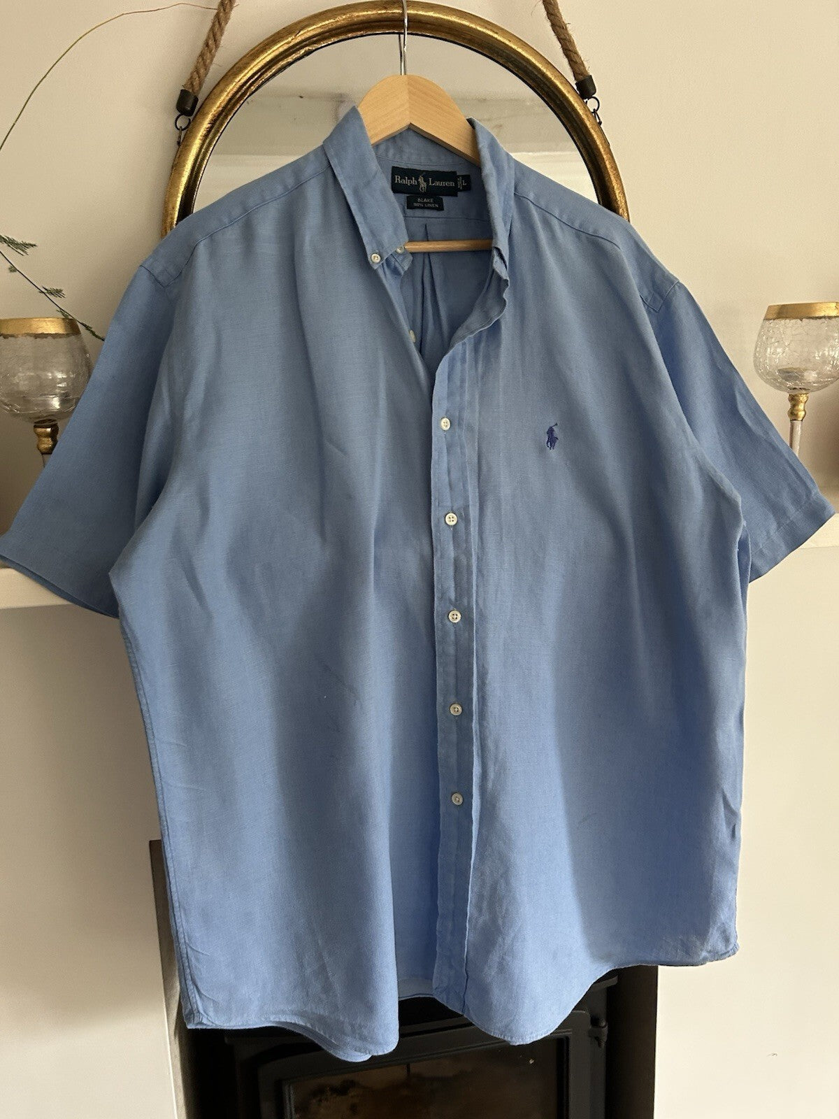 Ralph Lauren 100% Linen Light Blue Short-Sleeved Shirt, Size L - Blake Fit