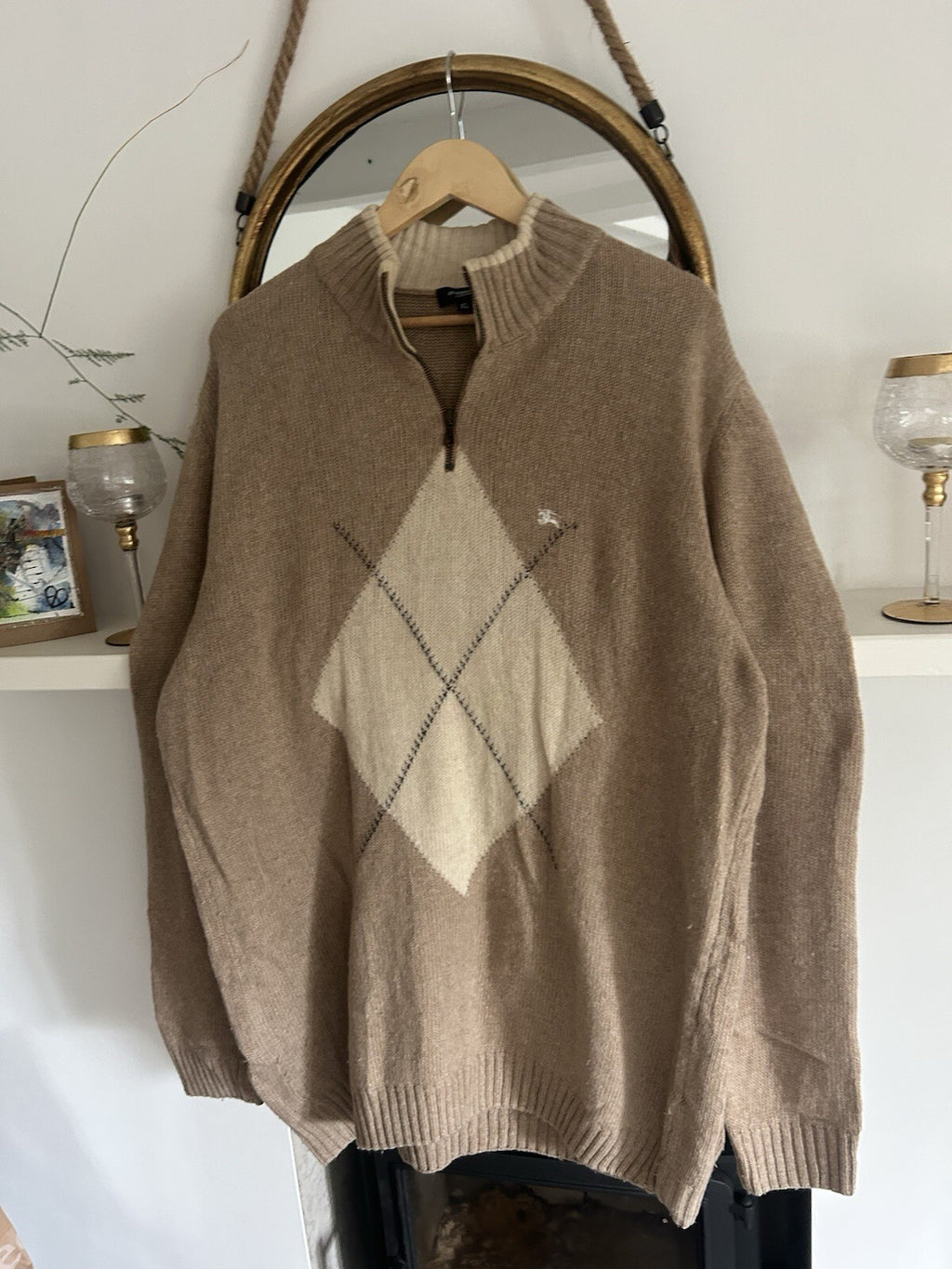 Burberry London Mens XL Beige Wool Argyle Quarter Zip Jumper Made in Italy
