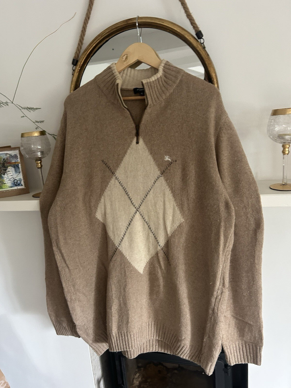 Burberry London Mens XL Beige Wool Argyle Quarter Zip Jumper Made in Italy