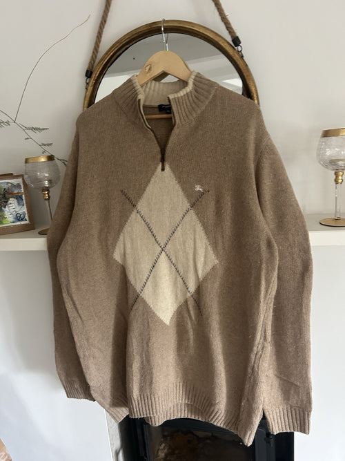 Burberry London Mens XL Beige Wool Argyle Quarter Zip Jumper Made in Italy