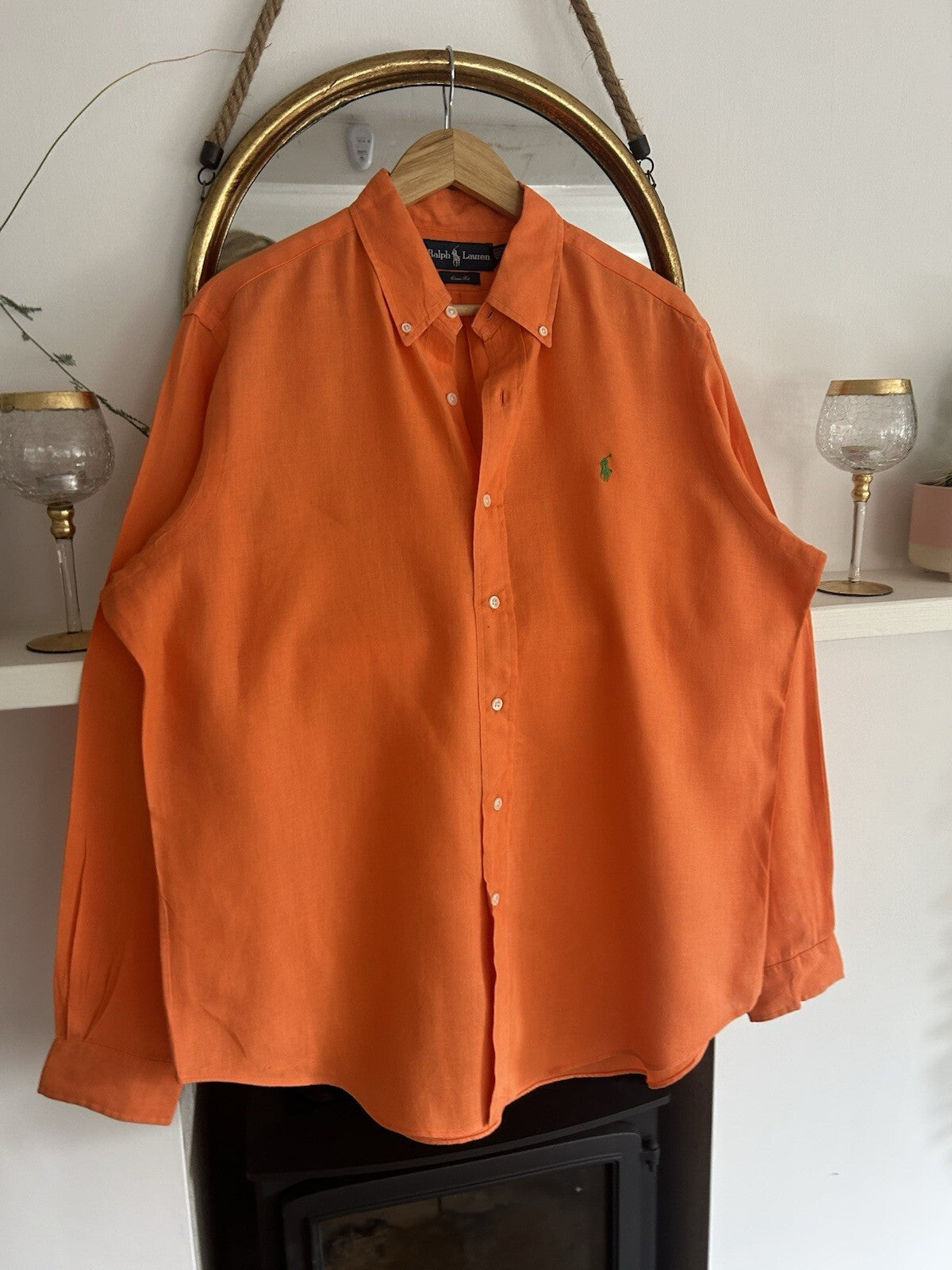 Ralph Lauren 100% Linen Solid Orange Long-Sleeved Shirt, Size L - Classic Fit