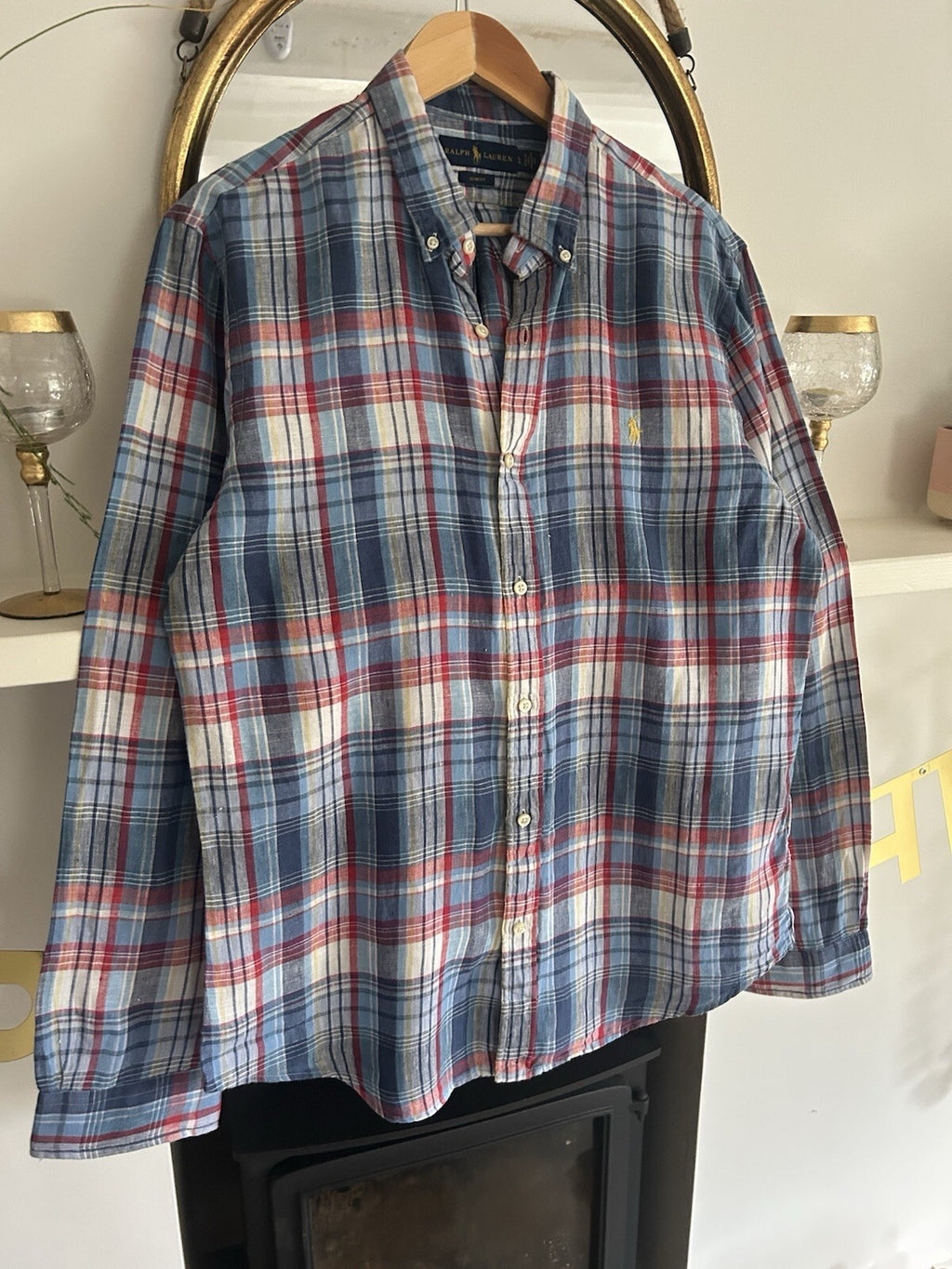 Ralph Lauren 100% Linen Blue And Red Check Long-Sleeved Shirt, Size L- Slim Fit