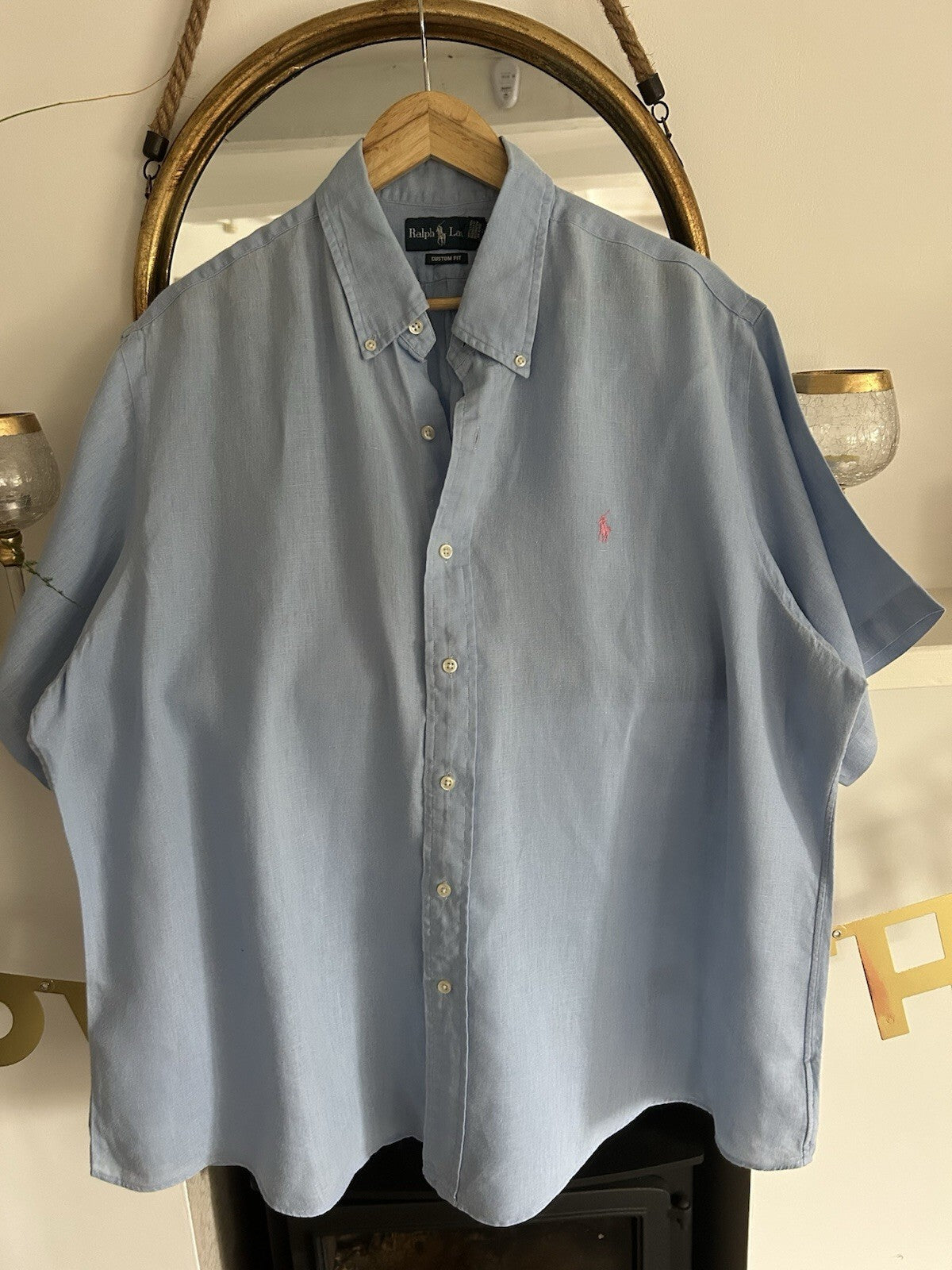 Ralph Lauren 100% Linen Light Blue Short-Sleeved Shirt, Size XXL