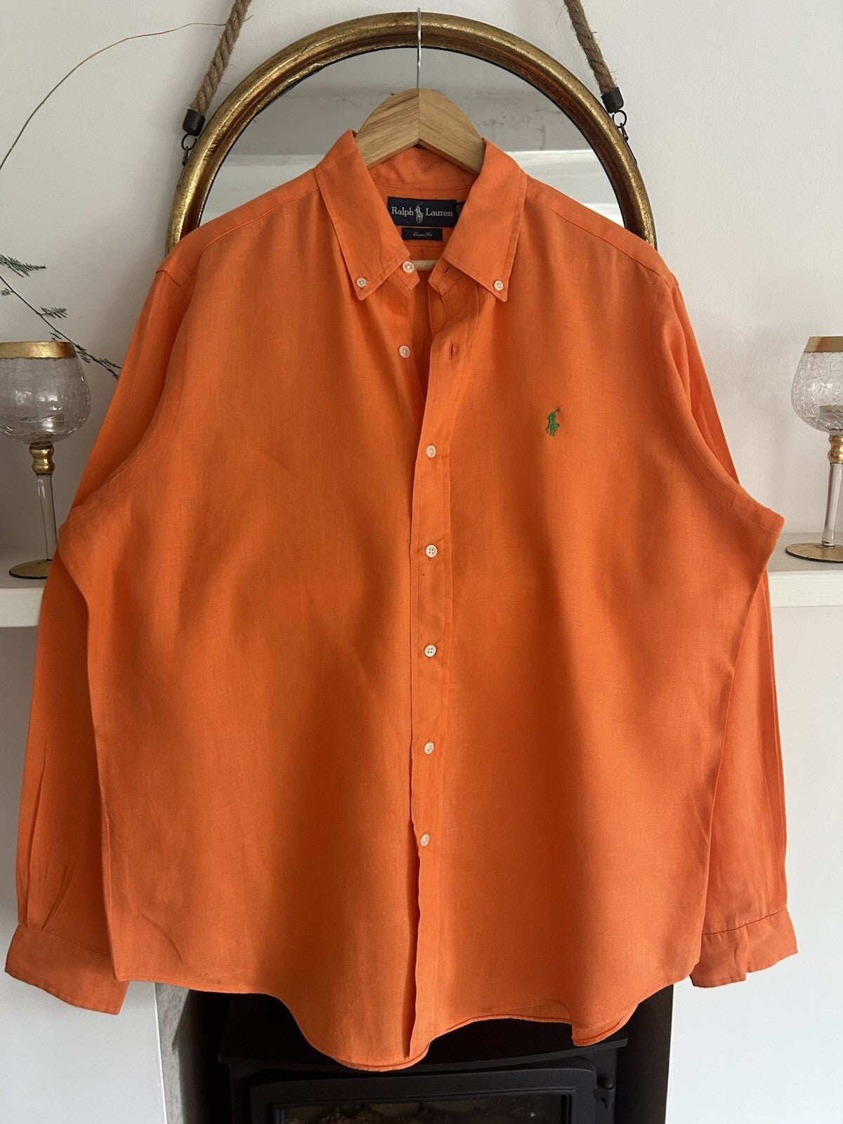 Ralph Lauren 100% Linen Solid Orange Long-Sleeved Shirt, Size L - Classic Fit