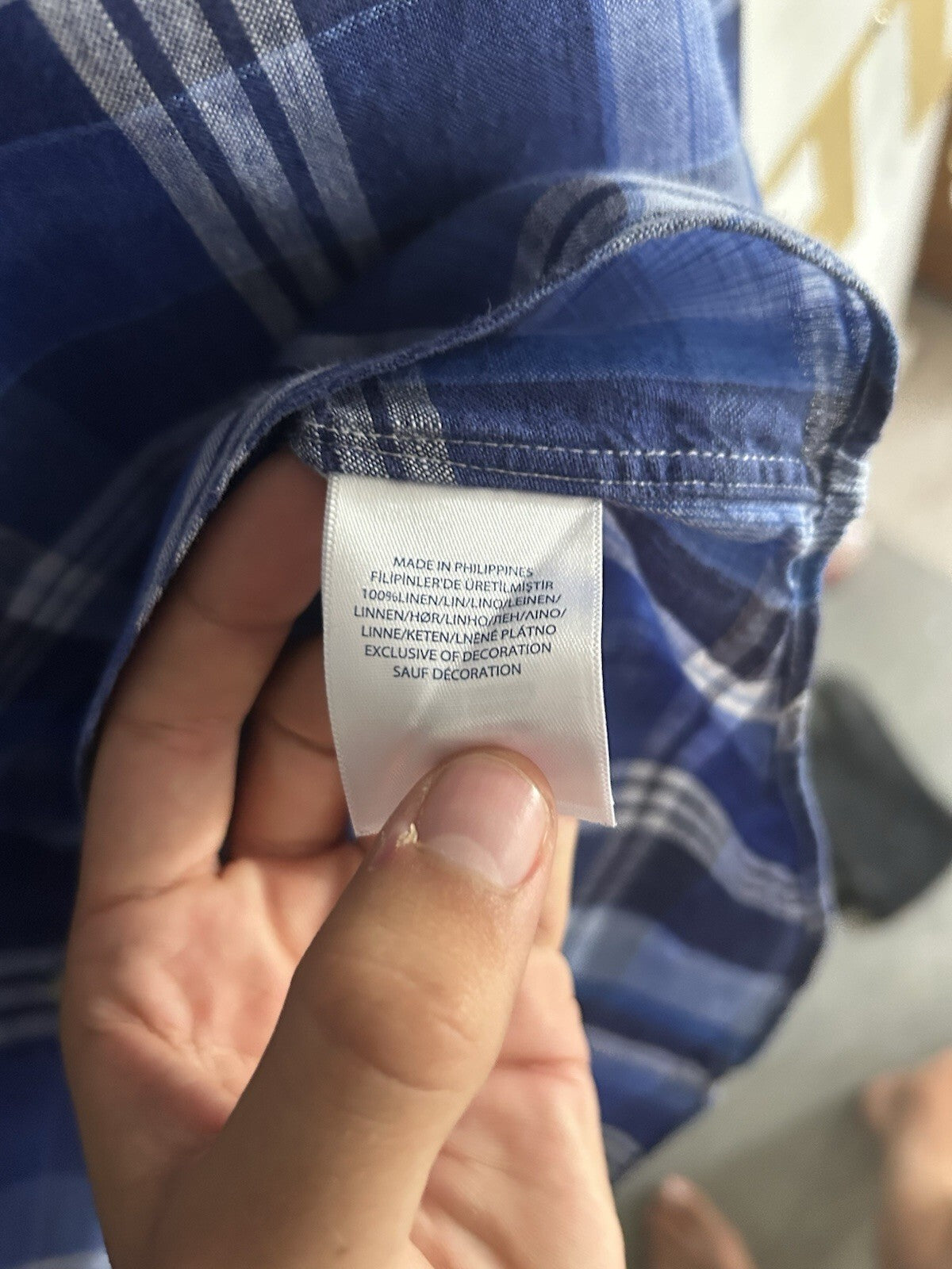 Ralph Lauren 100% Linen Navy And White Check Long-Sleeved Shirt, Size L