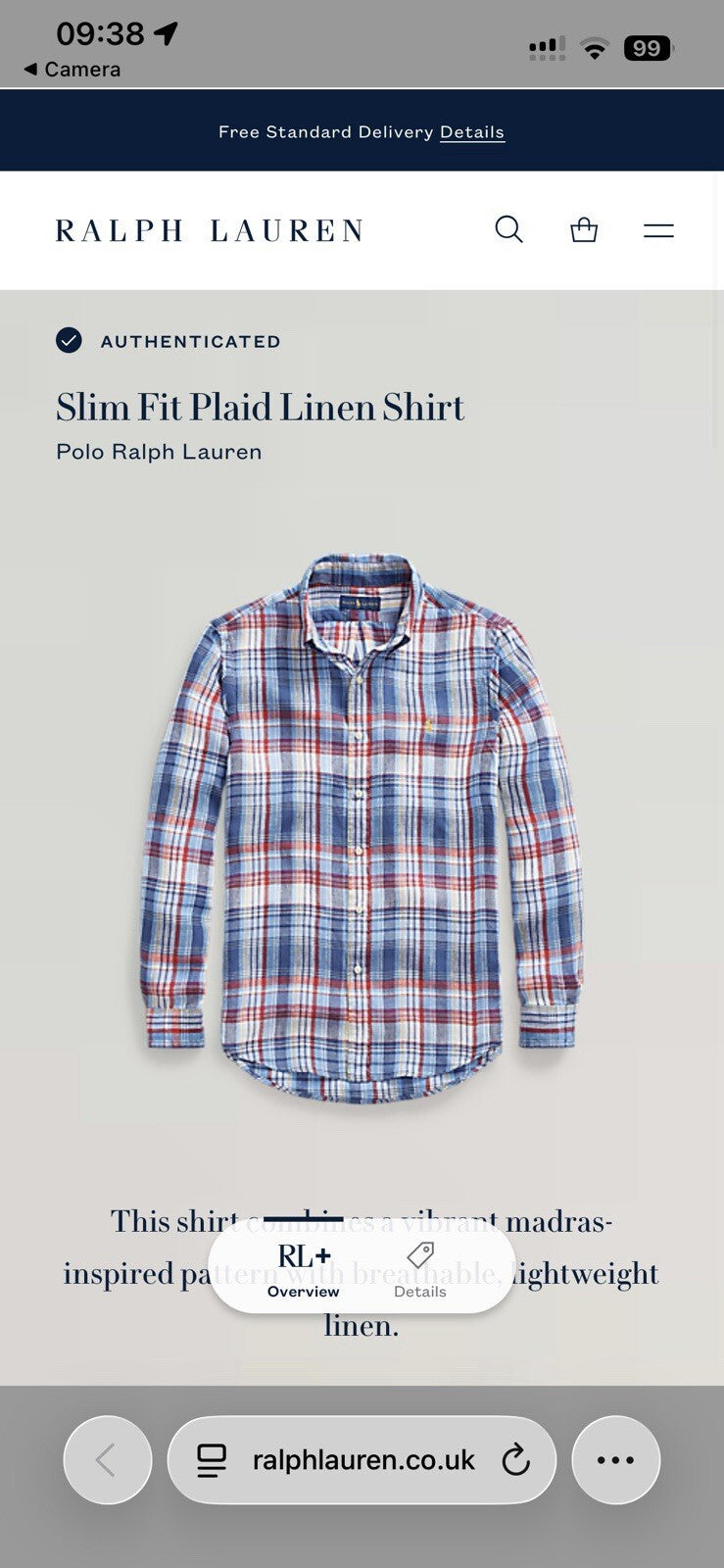 Ralph Lauren 100% Linen Blue And Red Check Long-Sleeved Shirt, Size L- Slim Fit