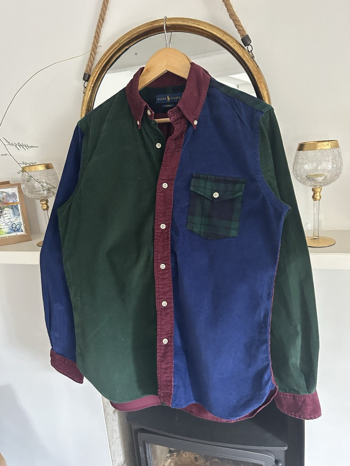 Ralph Lauren Corduroy Colour Block Shirt Tartan Green Navy Burgundy, Size M