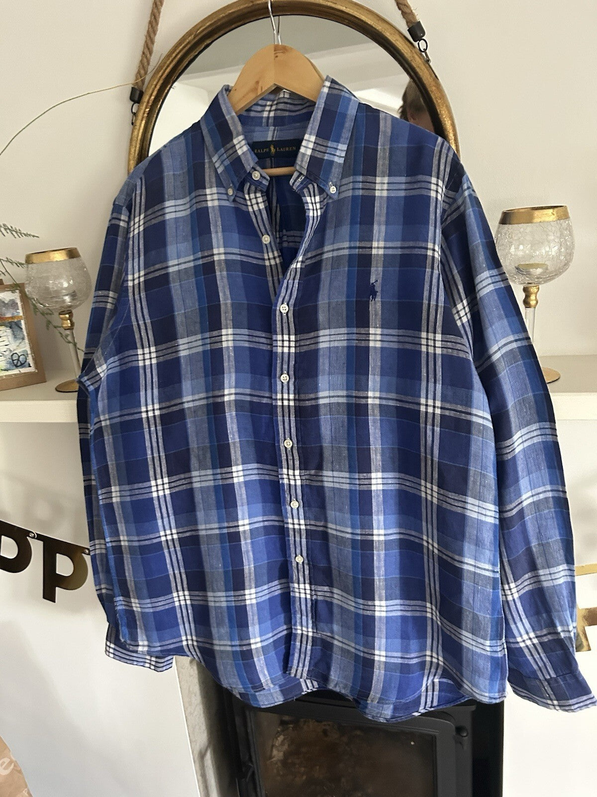 Ralph Lauren 100% Linen Navy And White Check Long-Sleeved Shirt, Size L