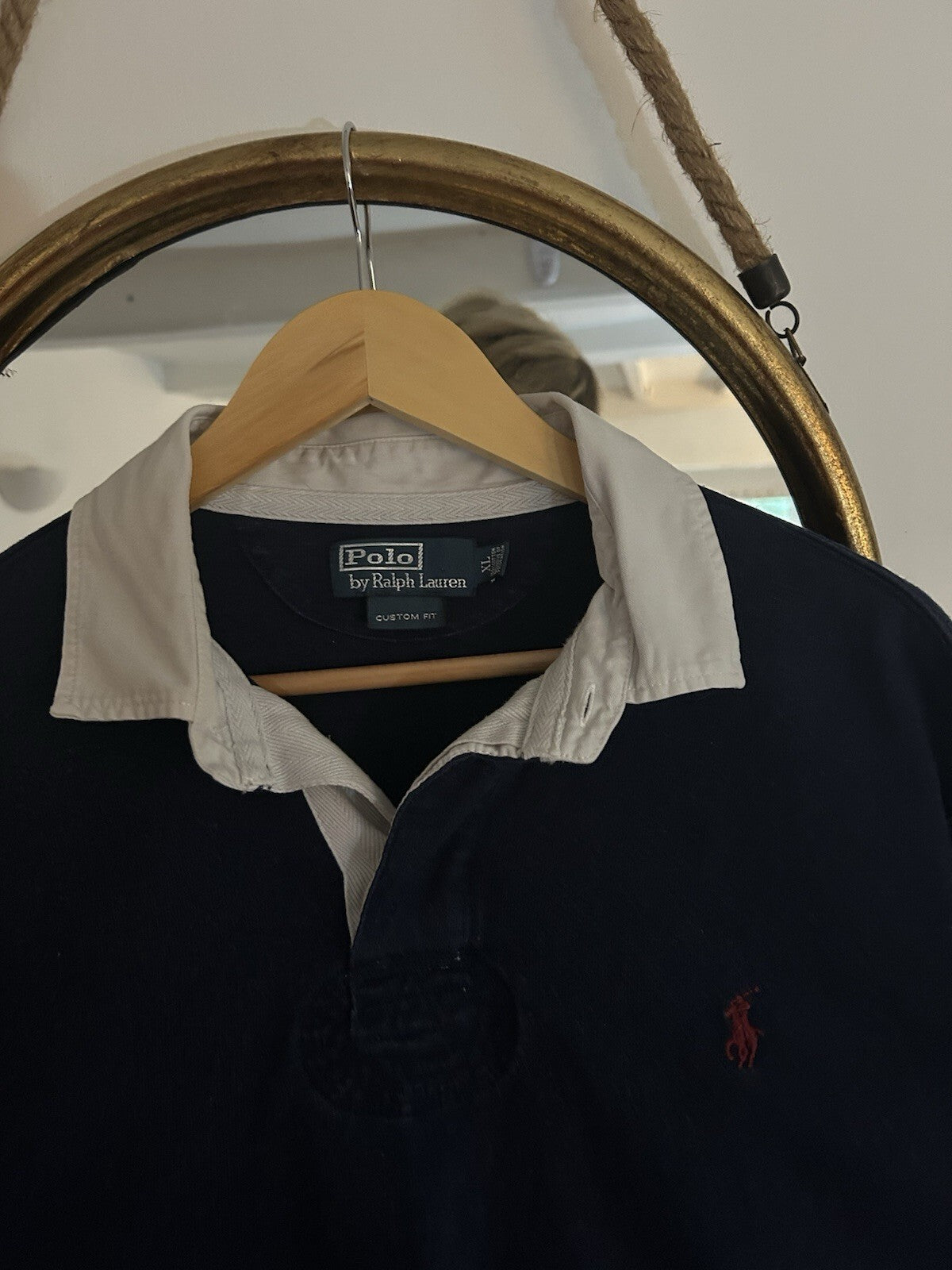 Ralph Lauren Solid Navy, Burgundy Embroidered Rugby Shirt, Size XL