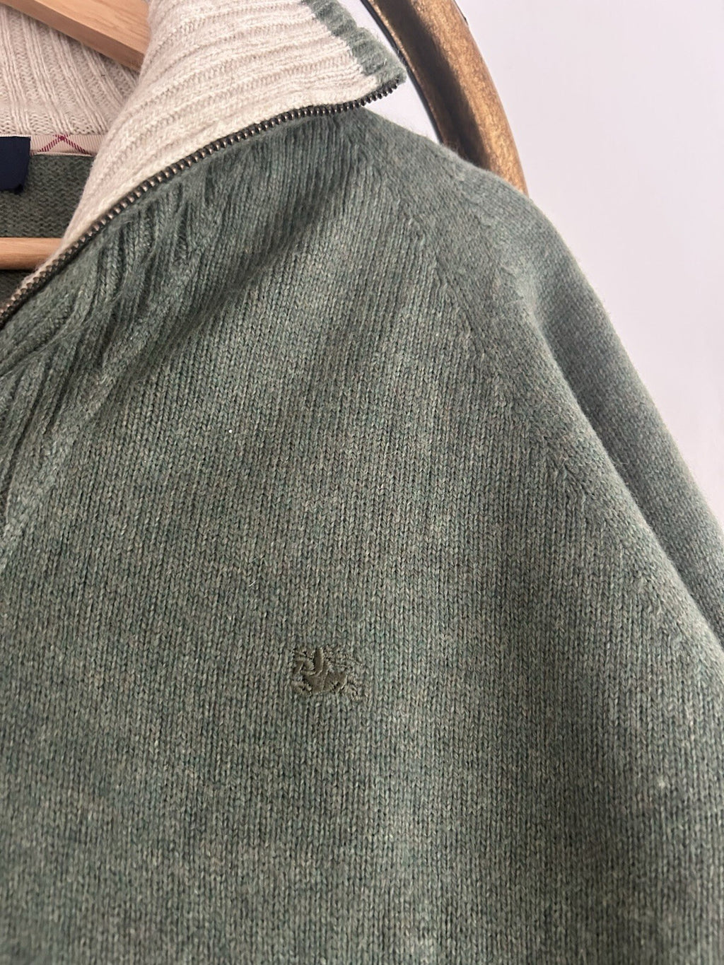 Burberry London Green 100% Lambswool Quarter Zip Jumper Nova Check Size 7 (XL)