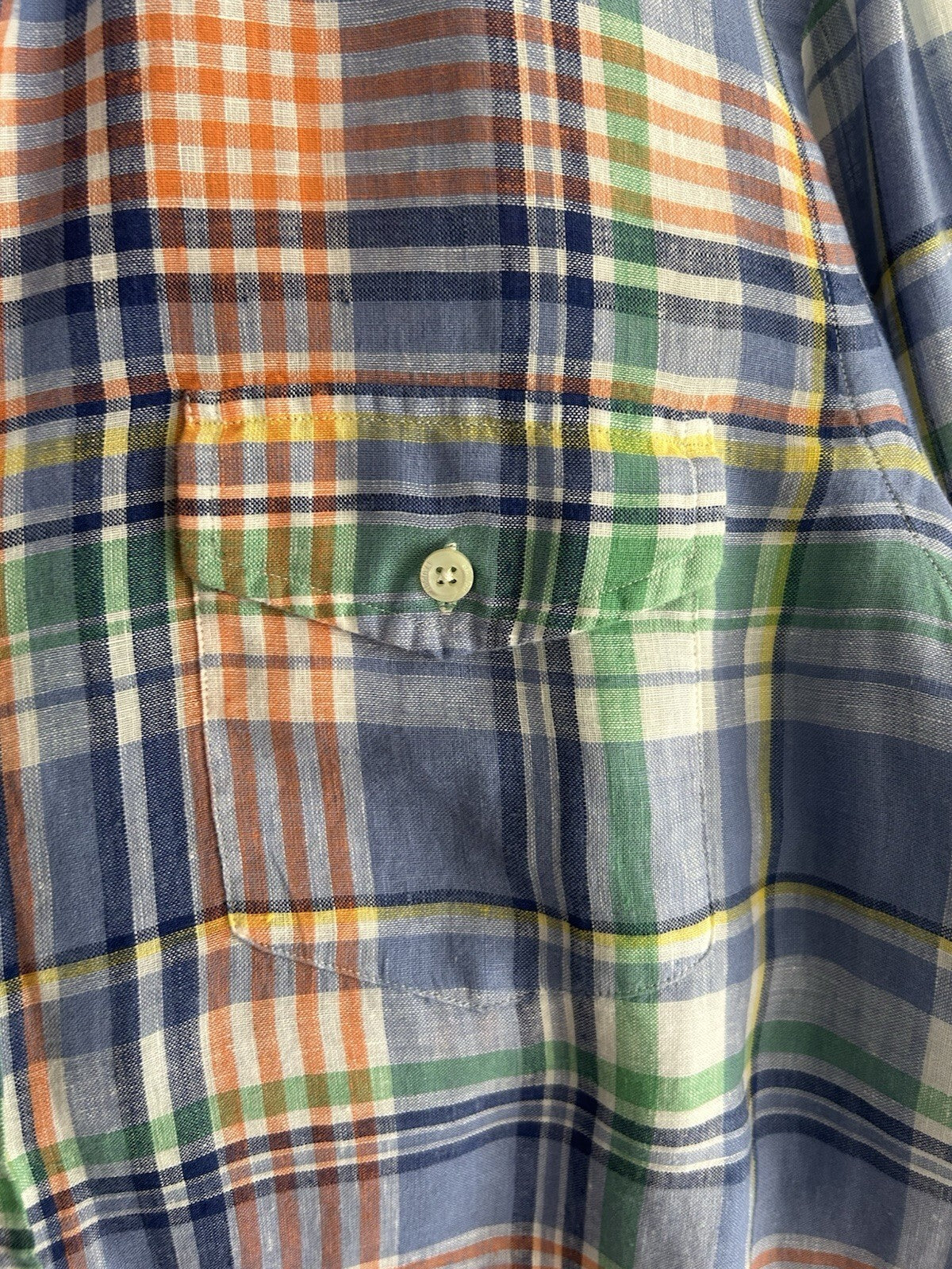 Ralph Lauren 100% Linen Blue Check Enclosed Pocket Long-Sleeved Shirt, Size L