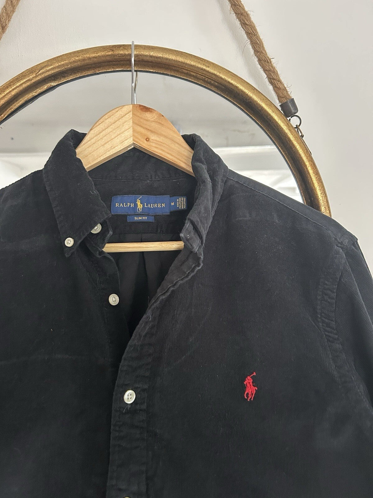 Ralph Lauren Solid Black Corduroy 100% Cotton Shirt, Size M - Slim Fit