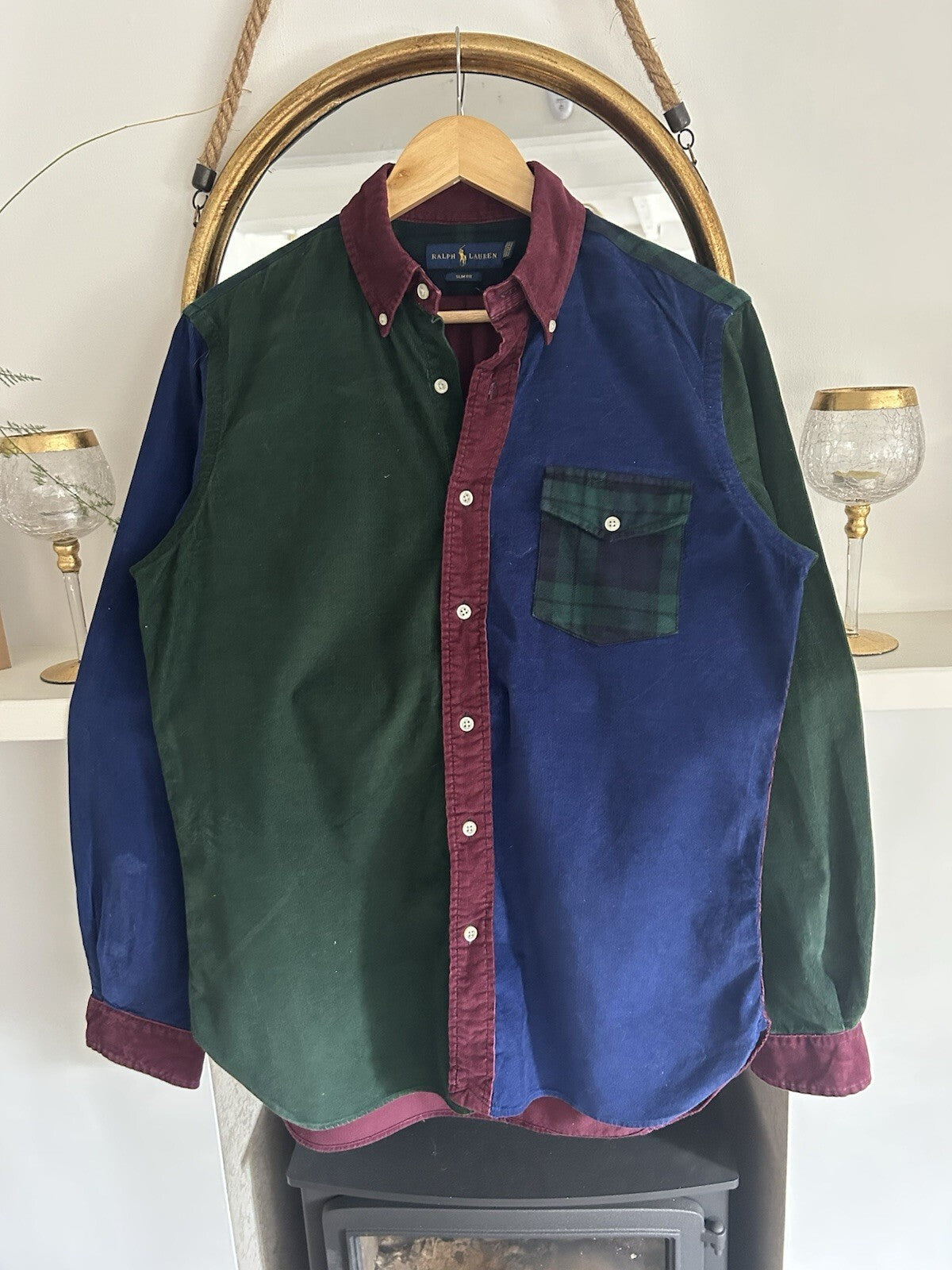 Ralph Lauren Corduroy Colour Block Shirt Tartan Green Navy Burgundy, Size M